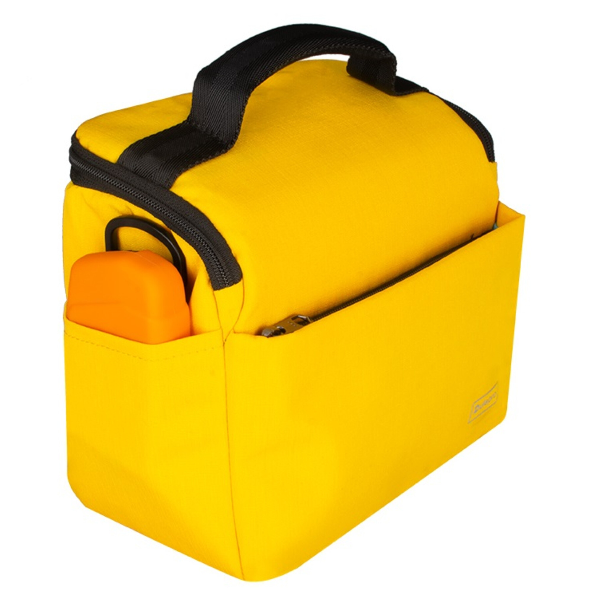Eine leuchtend gelbe Tasche mit schwarzem Griff und Reißverschluss. Orangefarbenes Objekt in einer Außentasche.