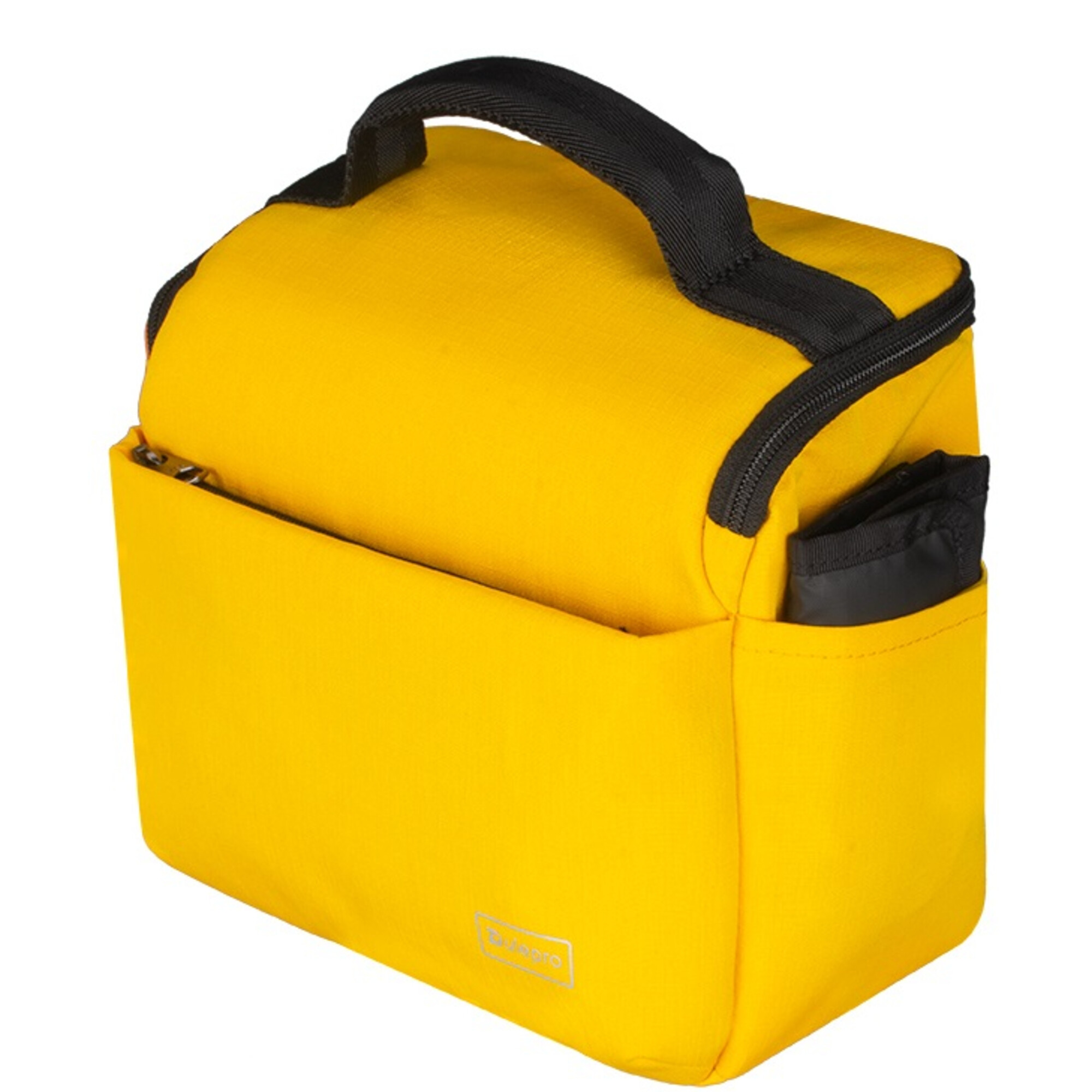 Eine leuchtend gelbe Tasche mit schwarzem Griff und Reißverschluss.