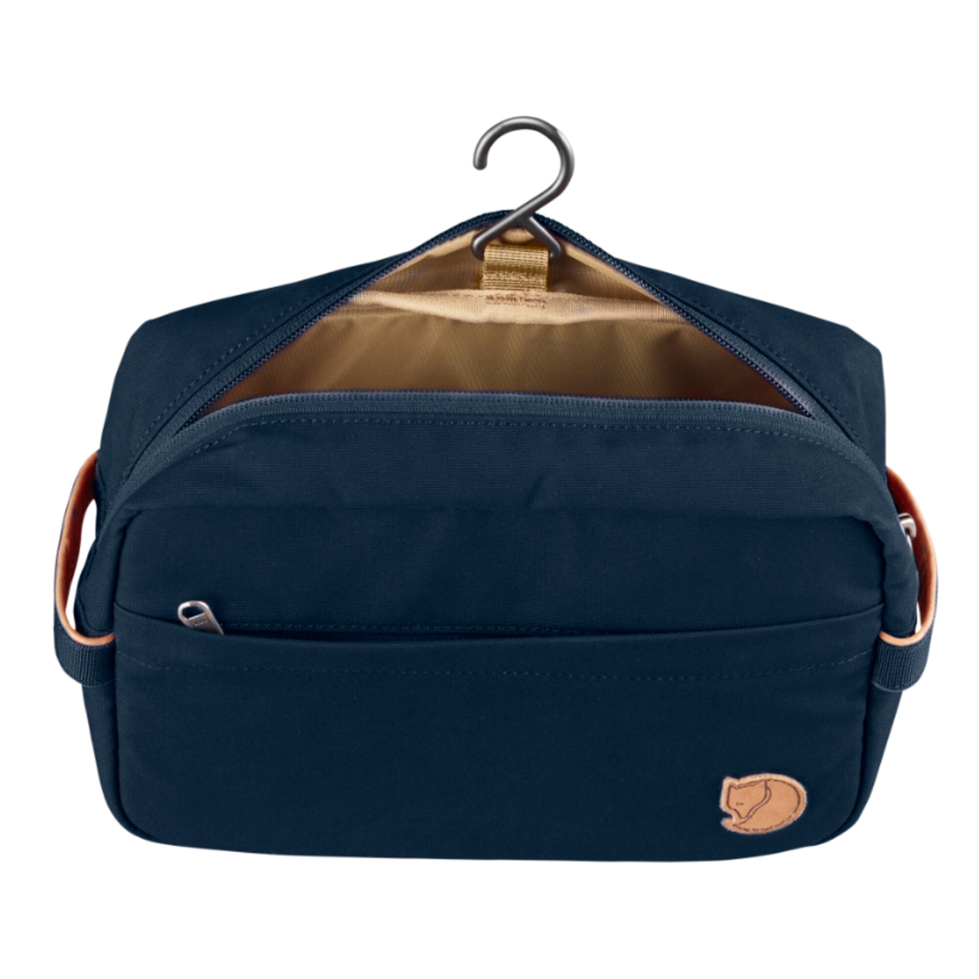 Dunkelblaue Kulturtasche mit Haken zum Aufhängen und Lederdetail.
