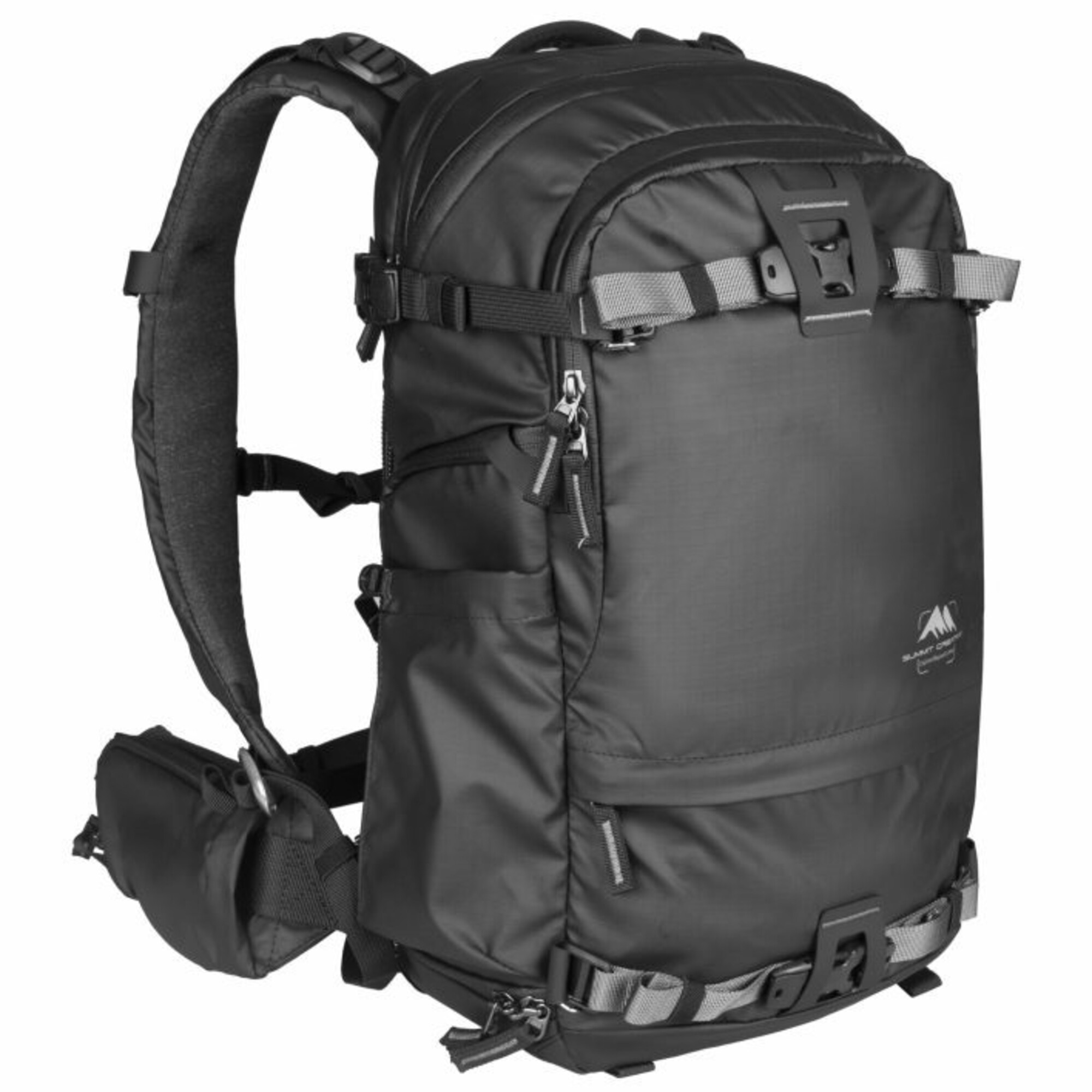 Schwarzer Rucksack mit gepolsterten Trägern und Schnallen, weißer Hintergrund.