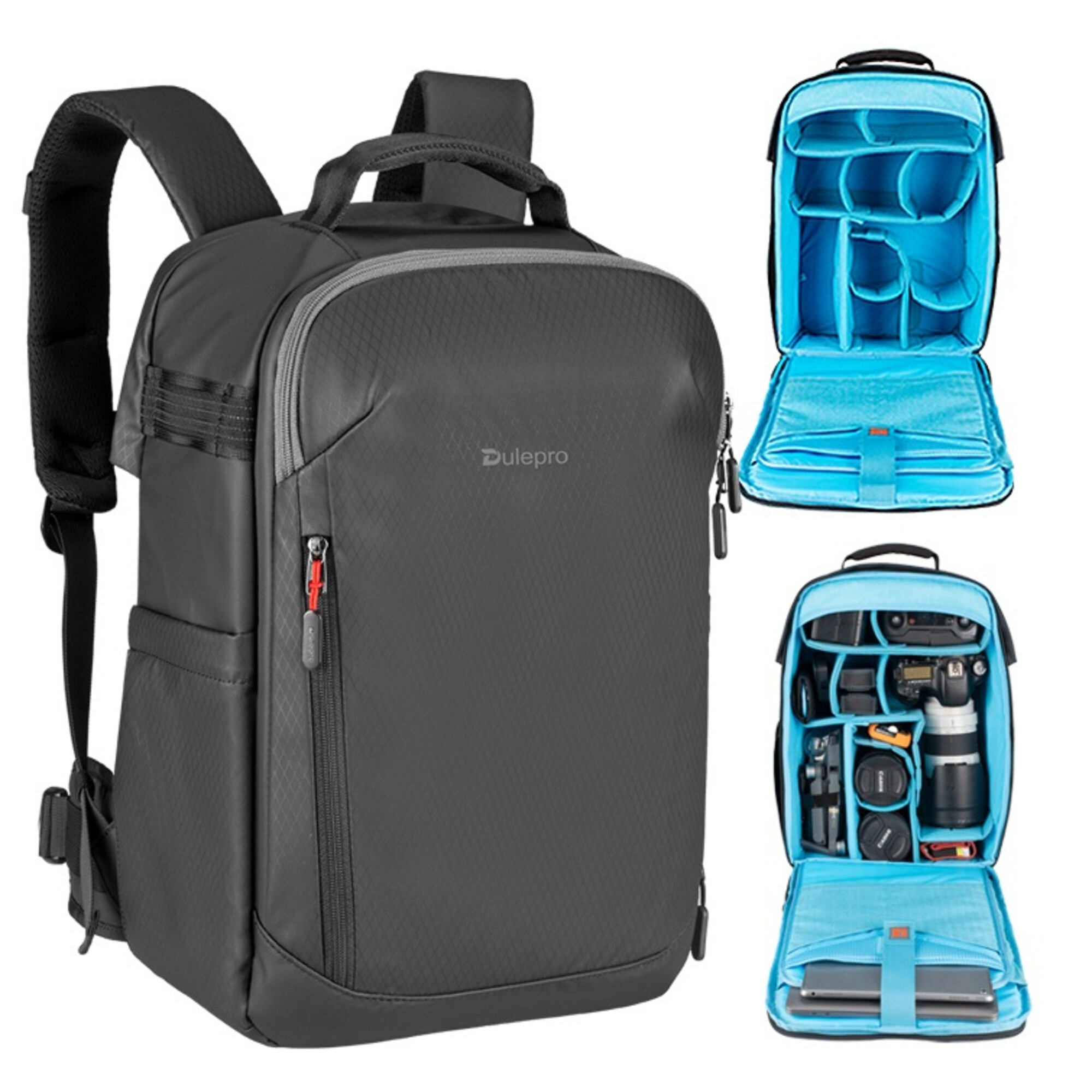 Ein schwarzer Rucksack mit einem offenen Fach, das Kameras und Zubehör zeigt.