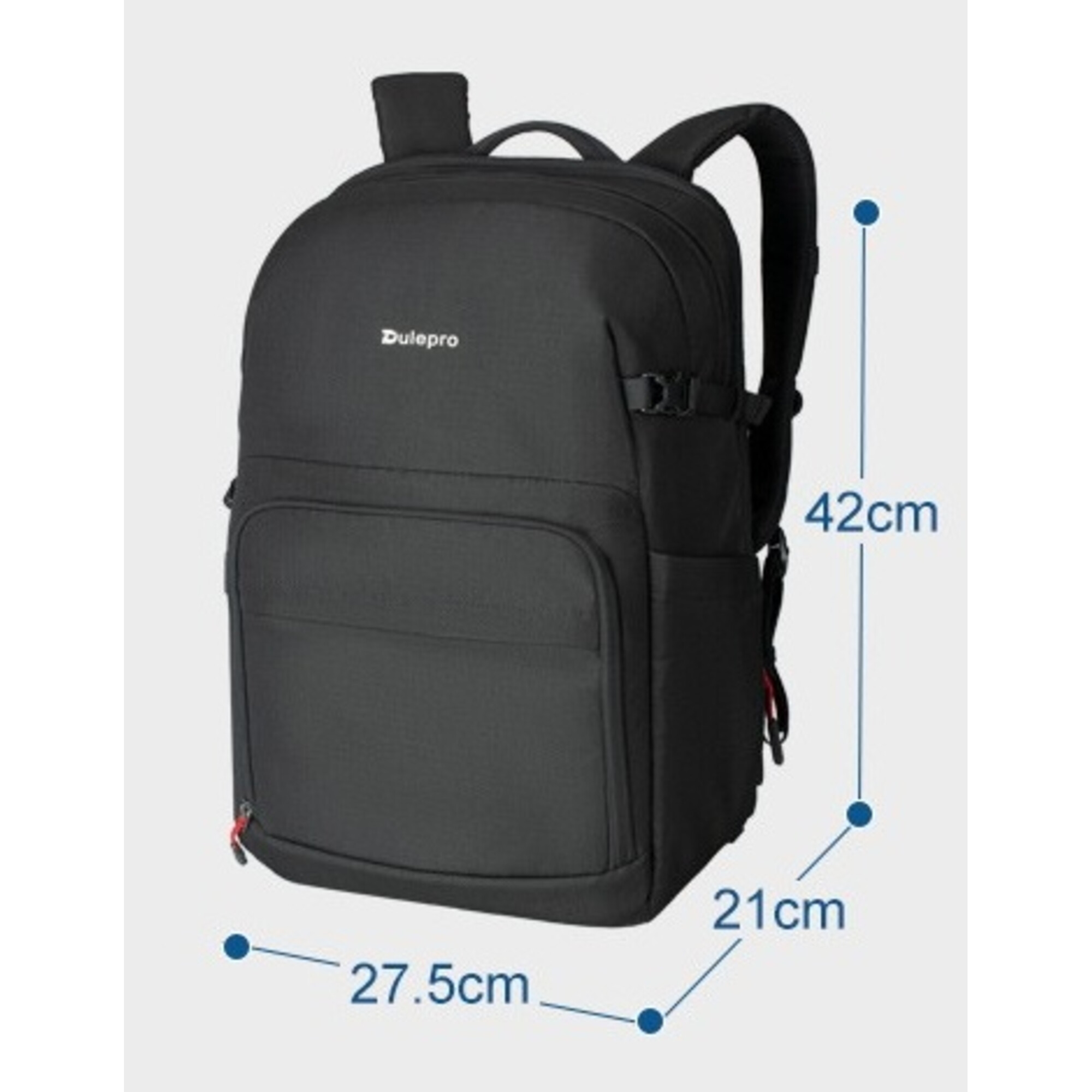 Schwarzer Rucksack mit Maßen 42x27,5x21cm, Marke Dulepro.