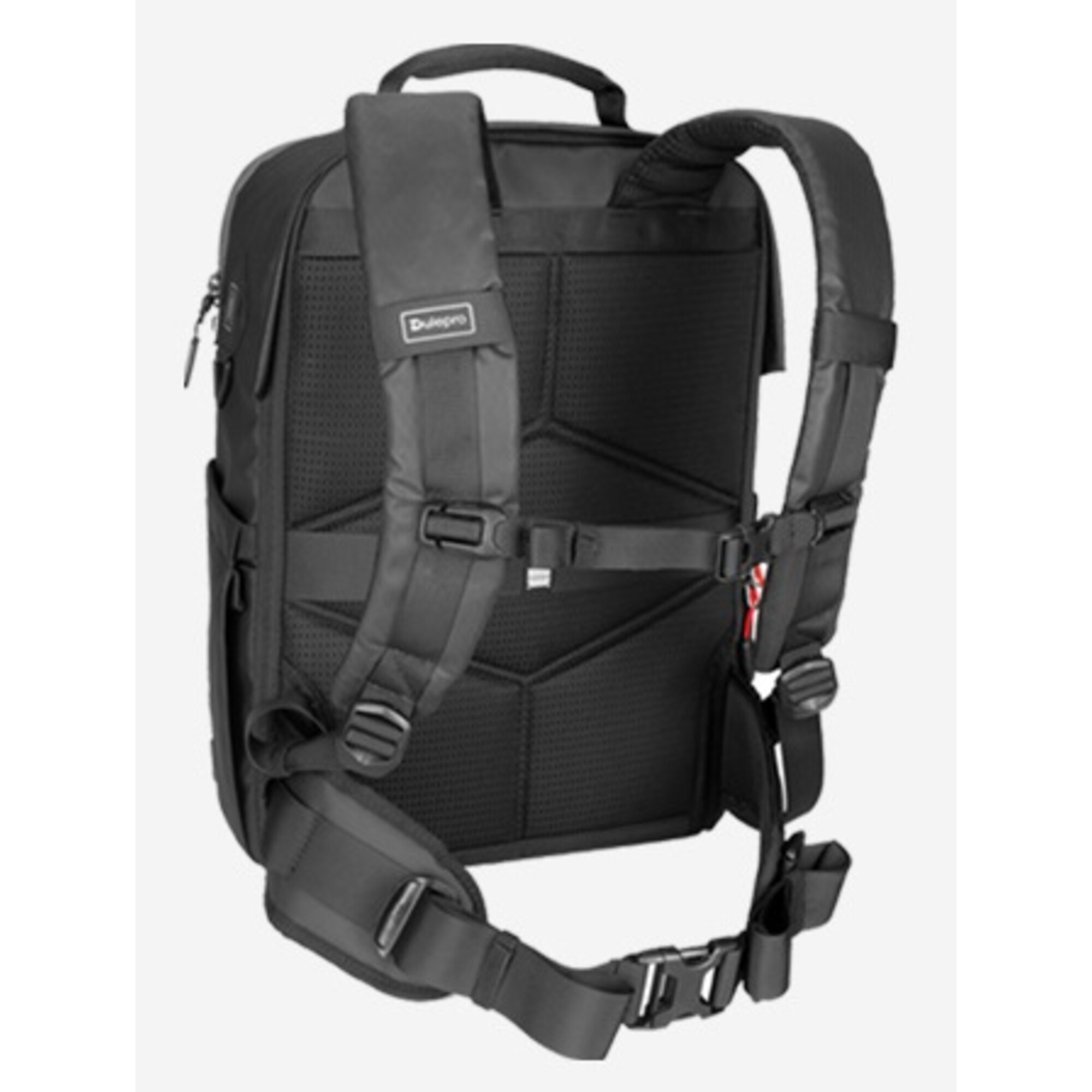 Rückansicht eines schwarzen Rucksacks mit gepolsterten Gurten und Schnallen.