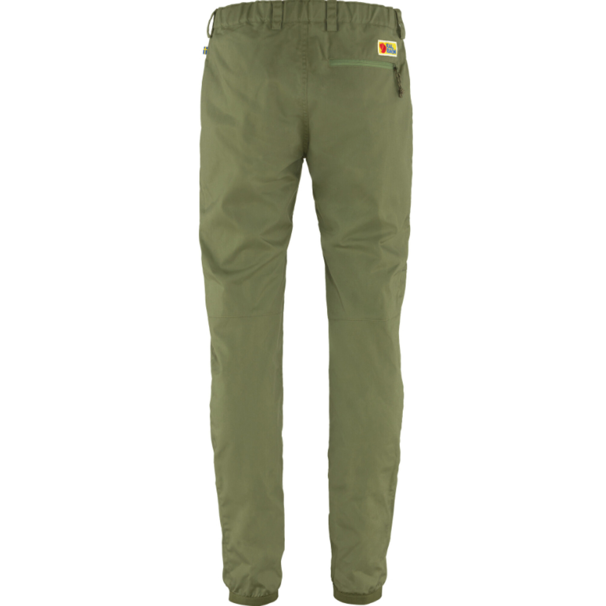 Grüne Hose mit zwei Logos auf der Rückseite und einem Reißverschluss.