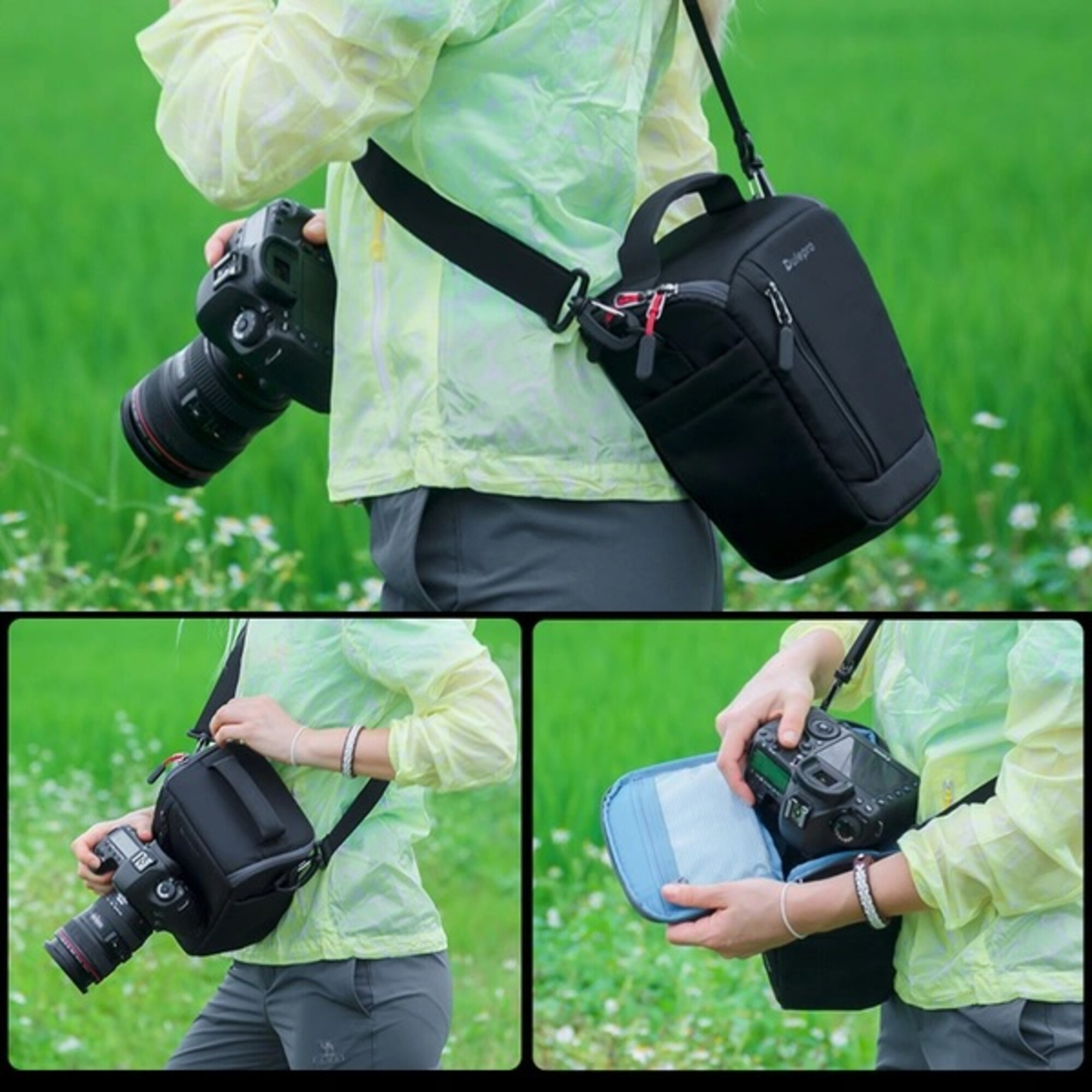 Person mit Kamera und Tasche im Grünen.