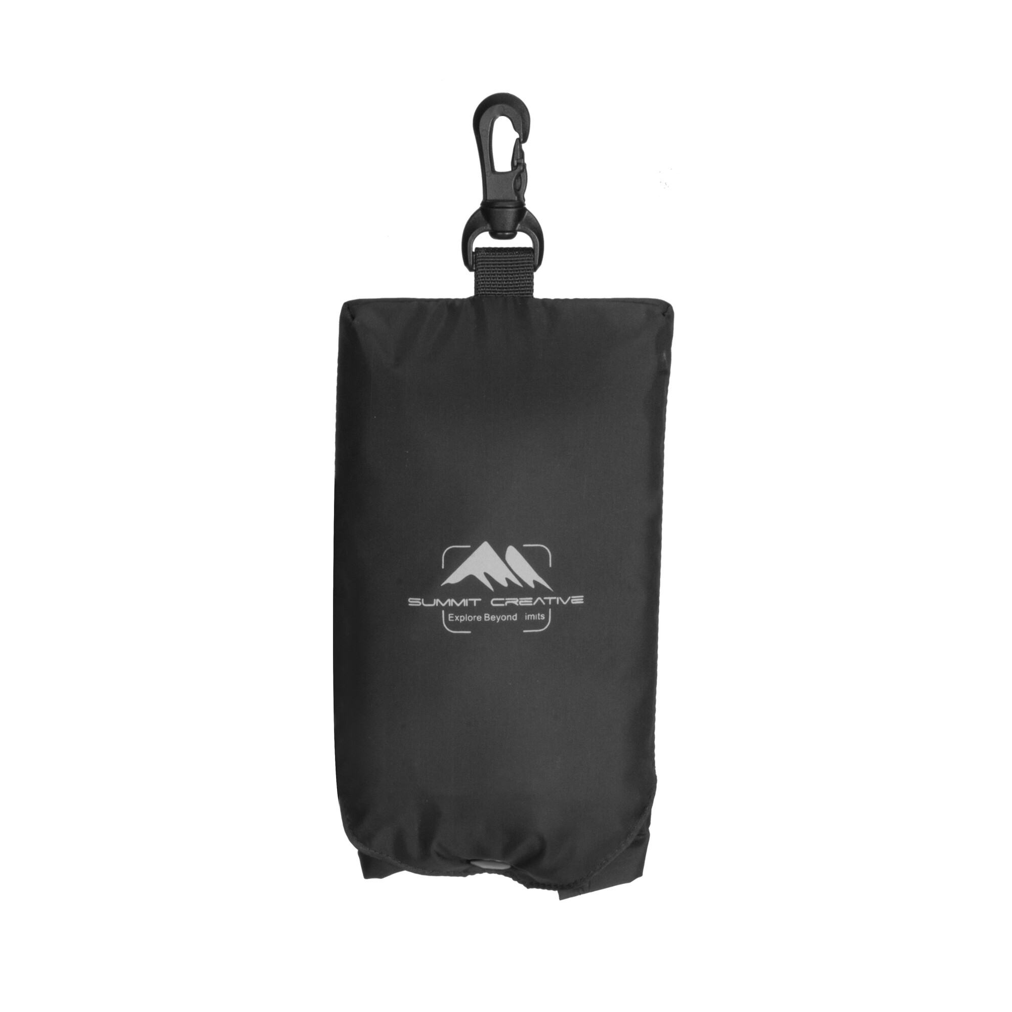 Schwarze Tasche mit Karabinerclip und Logo 'Summit Creative'.