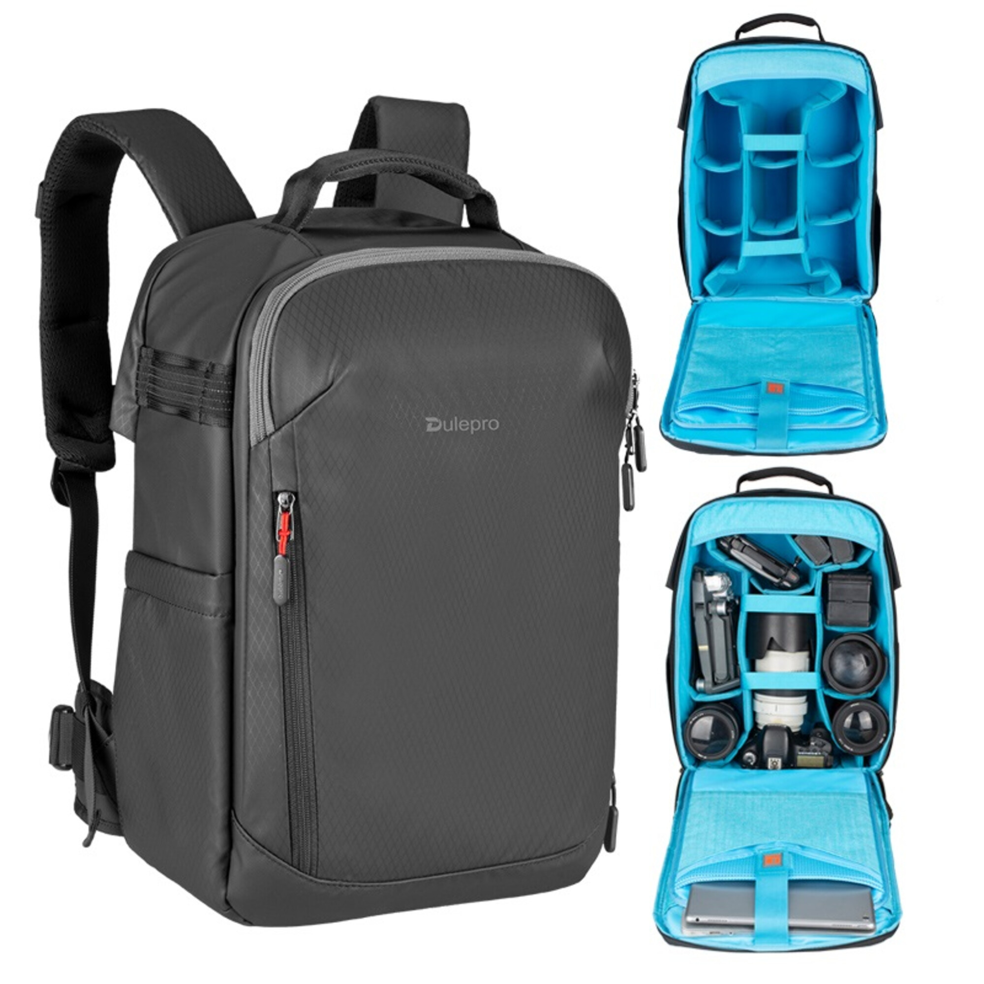 Schwarzer Fotorucksack mit blauem Innenleben, gefüllt mit Kameras und Objektiven.