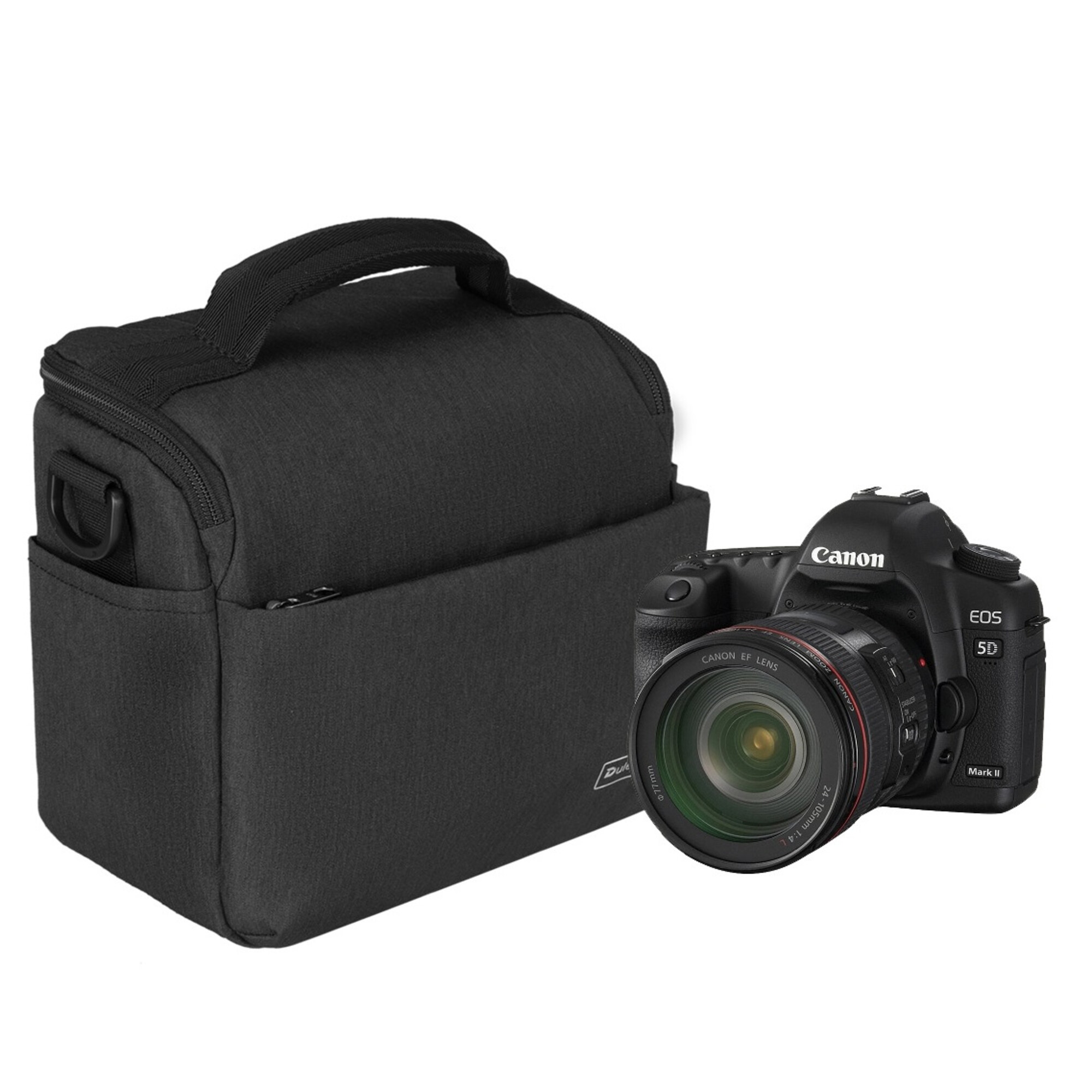 Schwarze Kameratasche mit einem Canon EOS 5D Mark II-Kameraobjektiv daneben.
