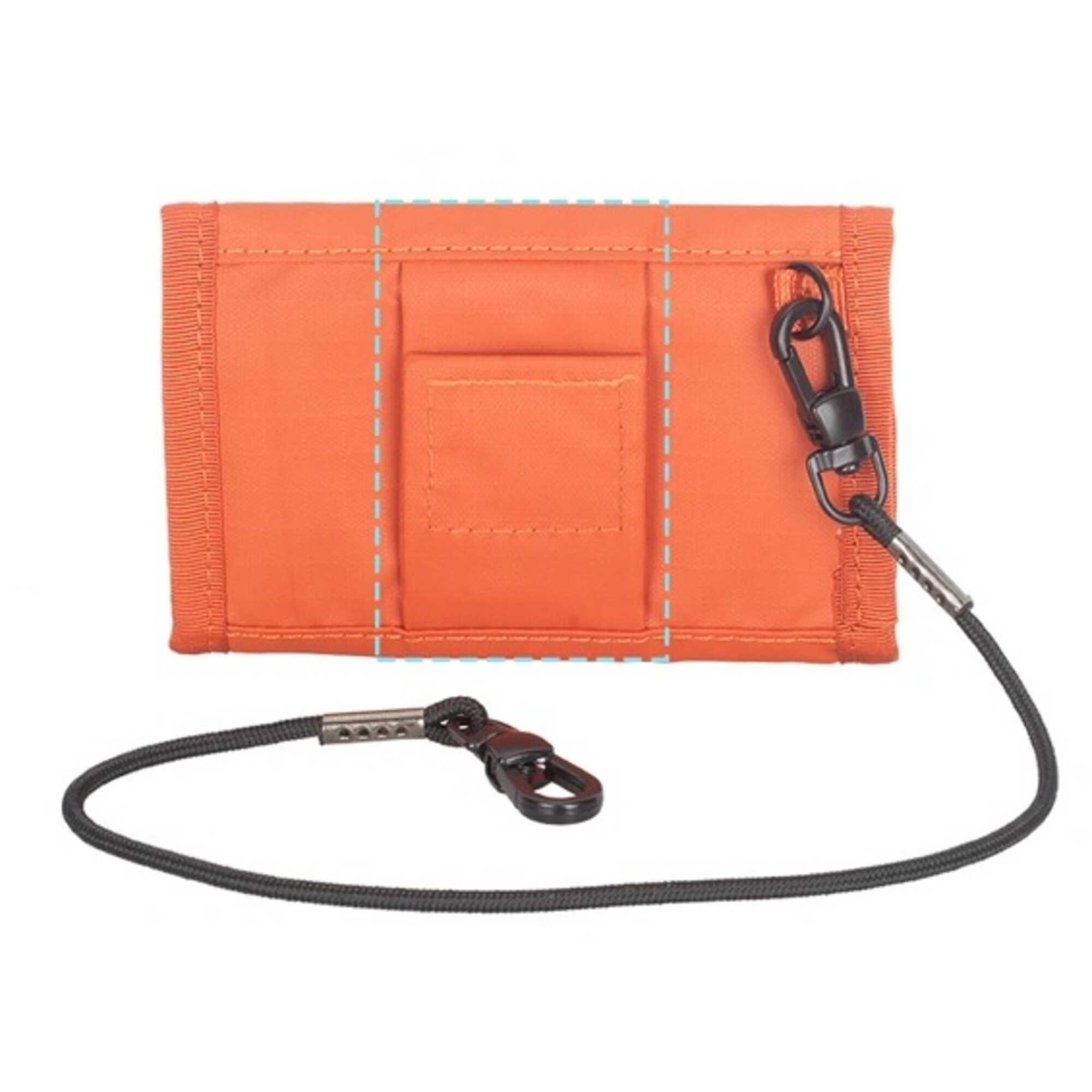 Orange Brieftasche mit schwarzem Band und Karabinerhaken.