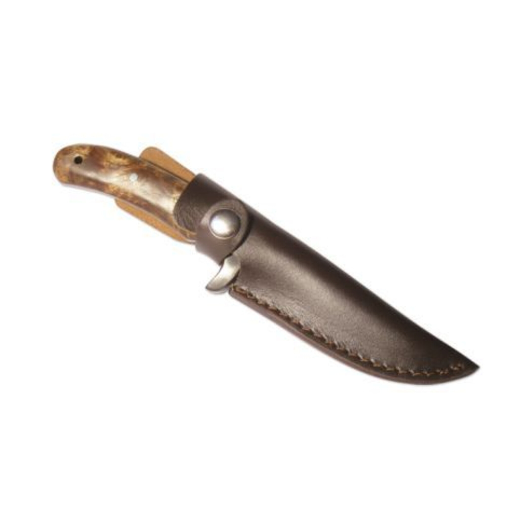 Ein Messer mit braunem Lederholster und einem Griff aus Knochen oder Horn.