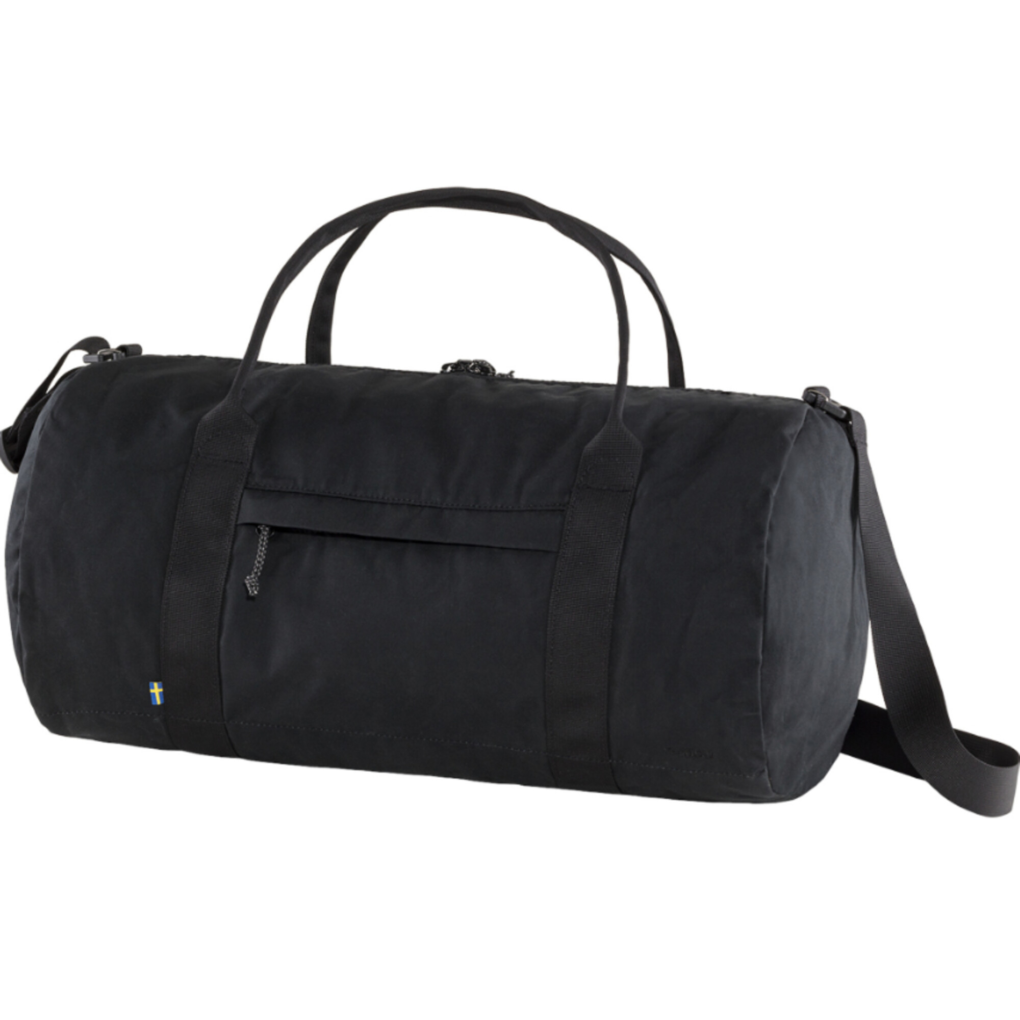 Schwarze Reisetasche mit Tragegriffen und Schultergurt, schwedische Flagge.