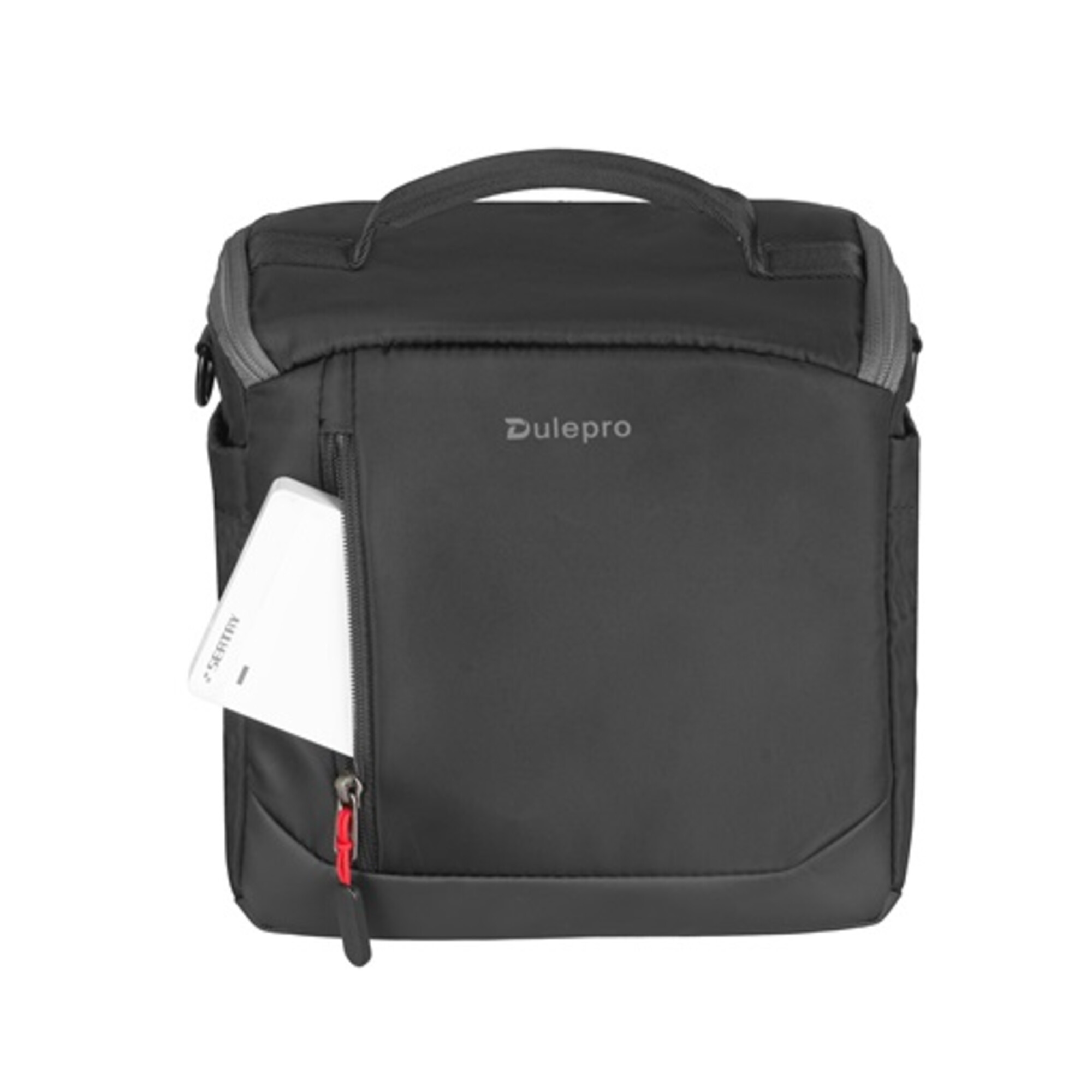 Schwarze Tasche mit Griff und Außentasche, in der ein weißes Gerät steckt.