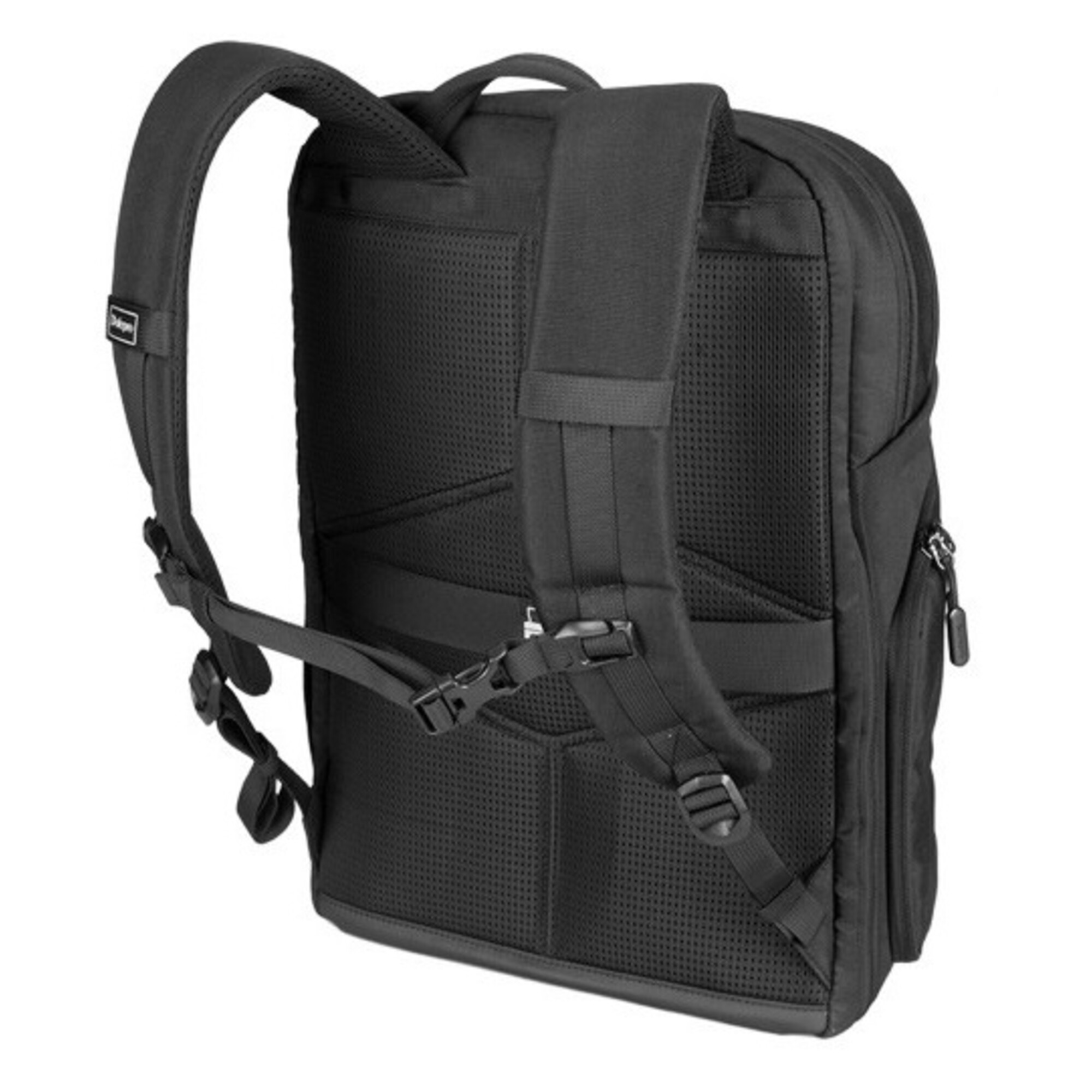 Schwarzer Rucksack mit gepolsterten Gurten und Netzrückseite.