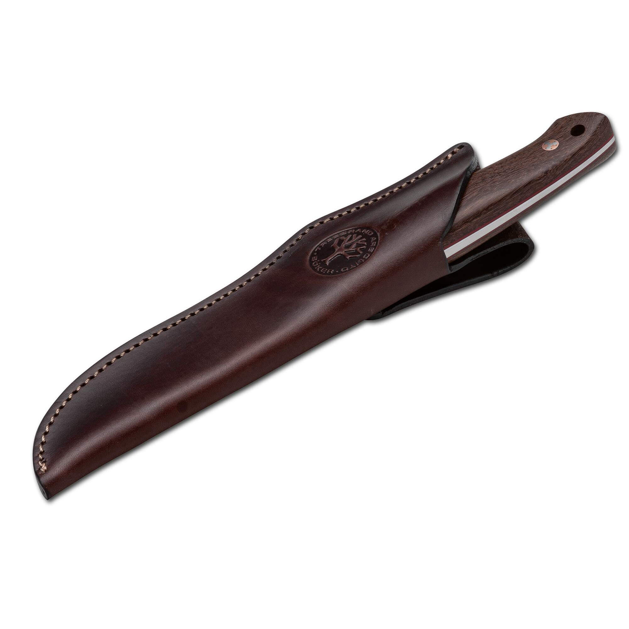 Ein braunes Lederholster mit einem Messer mit Holzgriff.