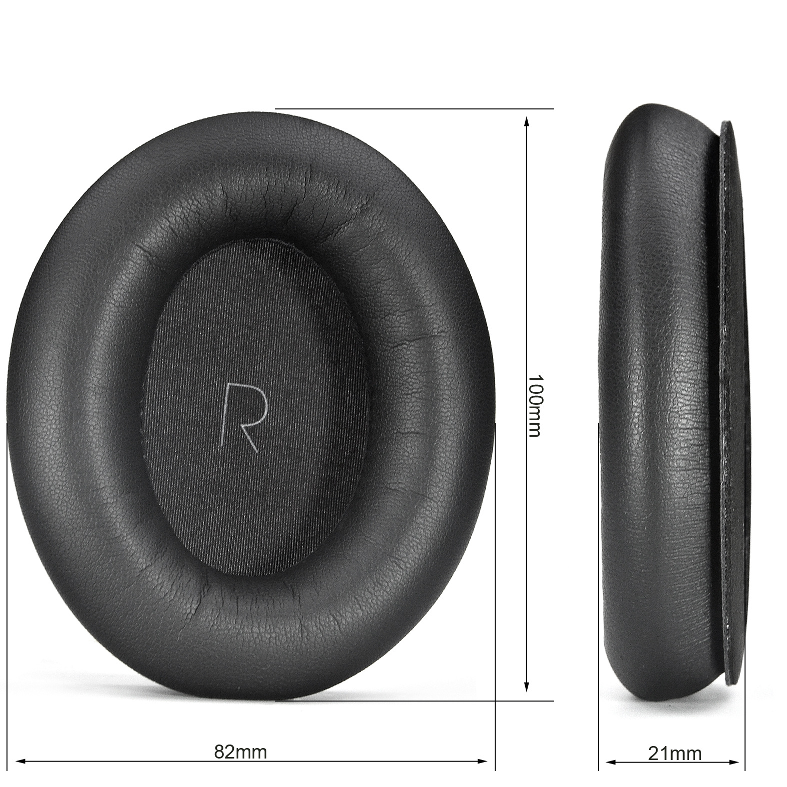 Coussinet d'oreille noir, 82mm large, 100mm haut, 21mm épaisseur. Marqué R.