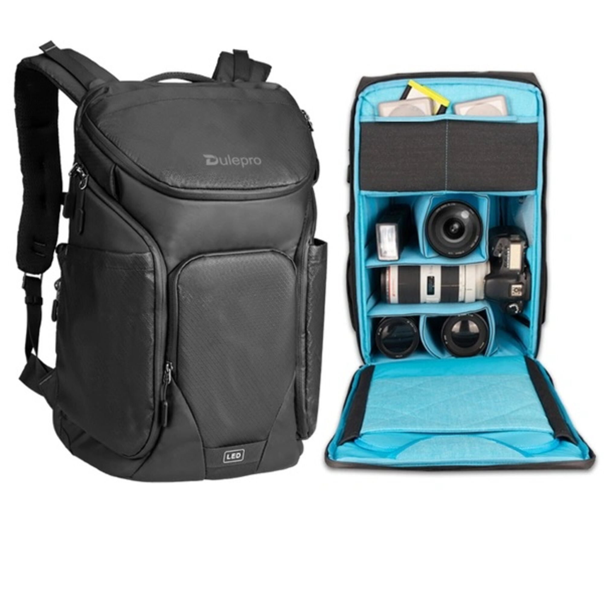 Schwarzer Fotorucksack, offen, mit Kameras, Objektiven und Blitzlicht.