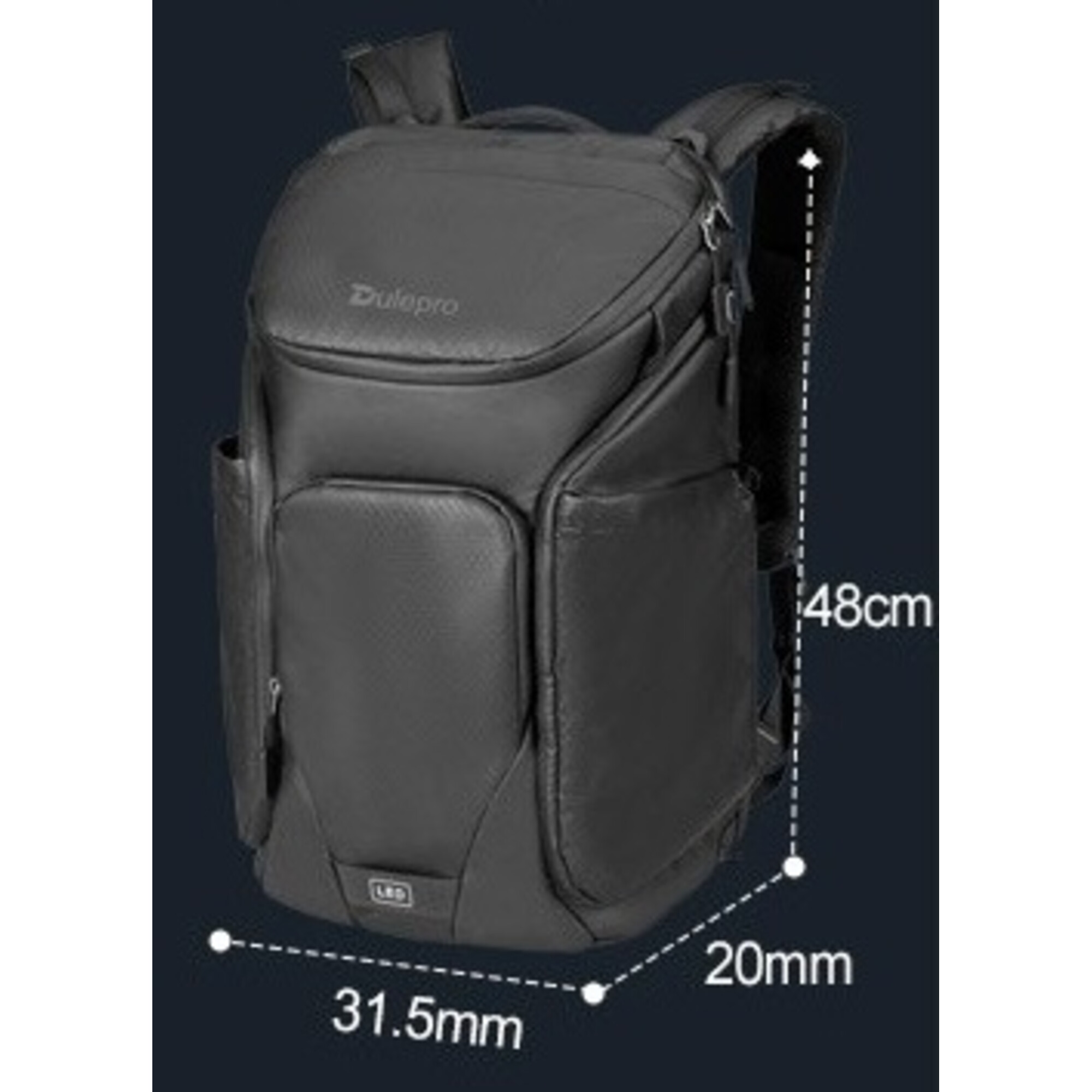 Ein schwarzer Dulepro-Rucksack mit den Maßen 48cm x 31,5cm x 20mm.