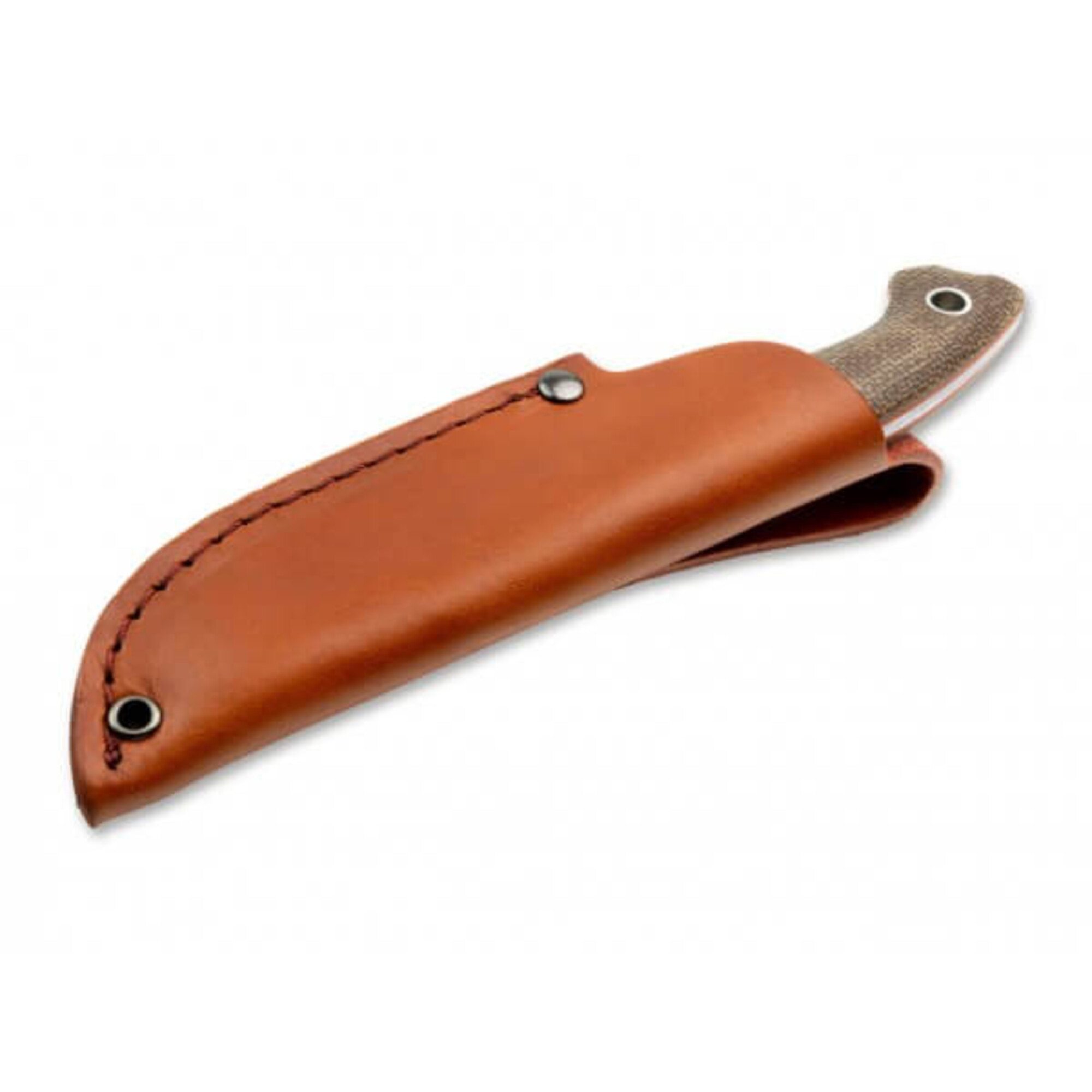 Ein braunes Lederetui für ein Messer mit genähten Kanten und einem Druckknopf.