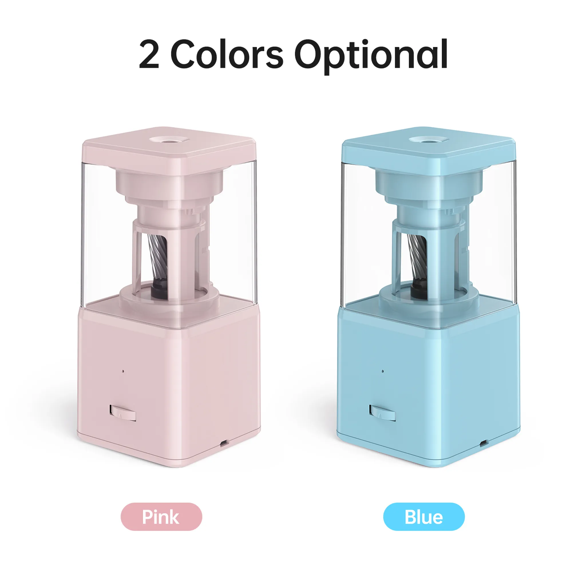Zwei Stiftehalter: rosa und blau, mit transparentem Behälter und Metallklinge.