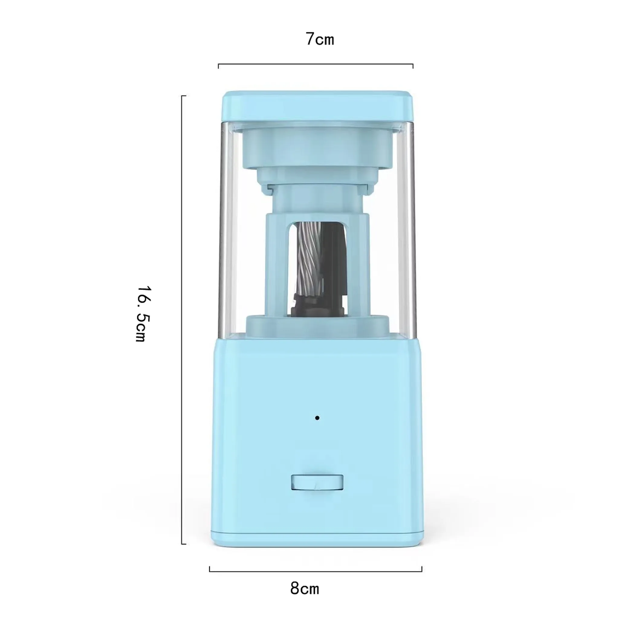 Hellblaue elektrische Anspitzer mit transparentem Behälter, 16,5 cm hoch.