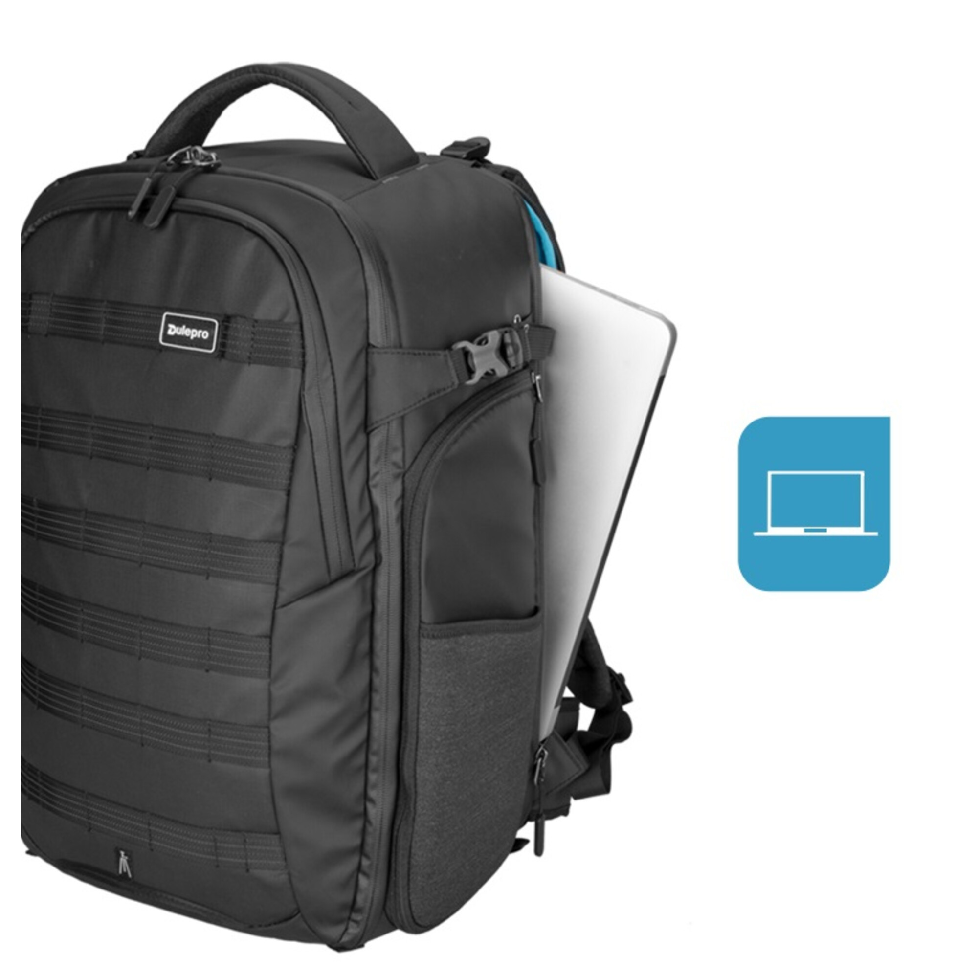 Schwarzer Rucksack mit Laptop-Fach und einem Symbol für einen Laptop.