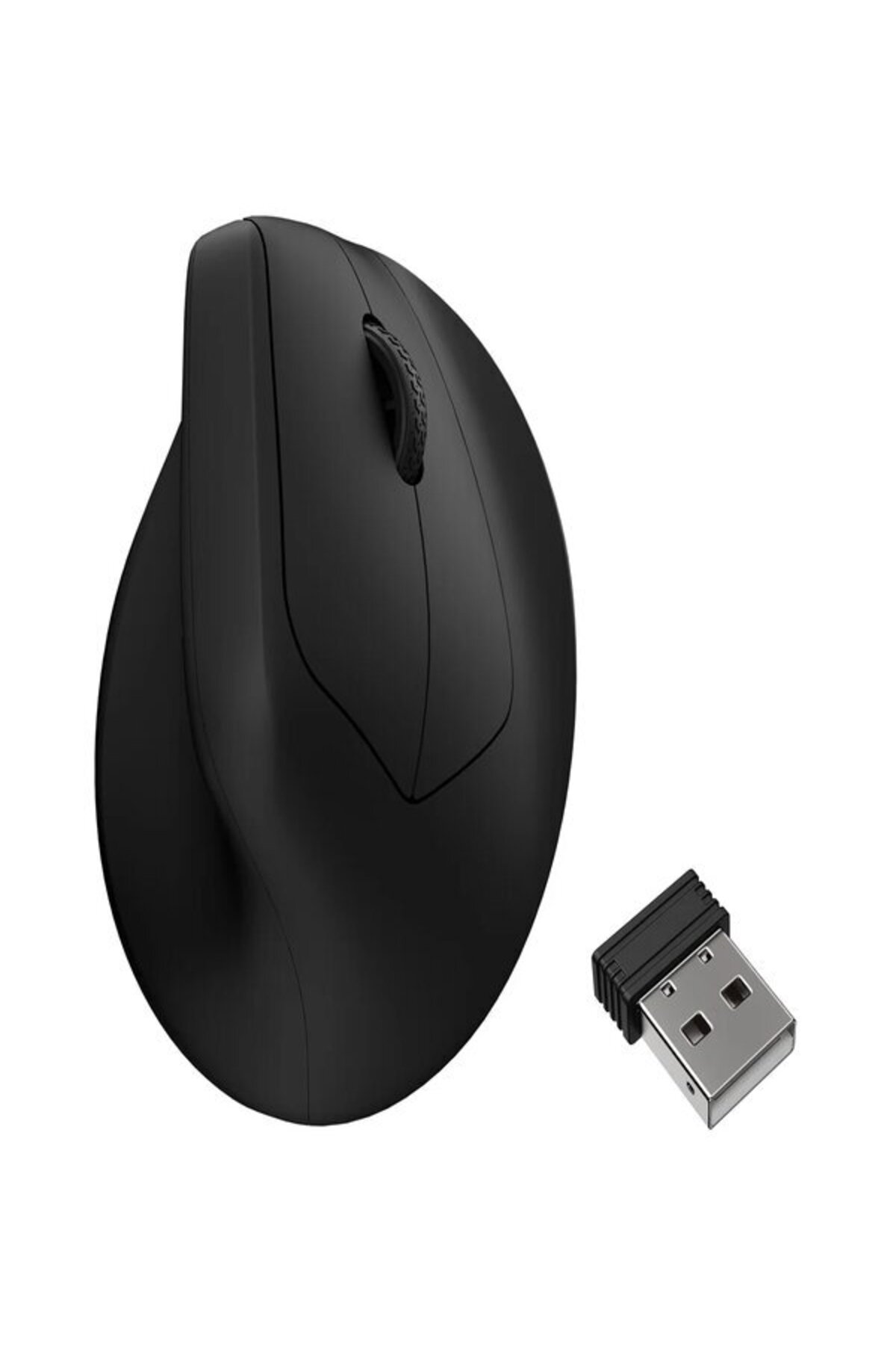 Czarna pionowa mysz z adapterem USB na białym tle.