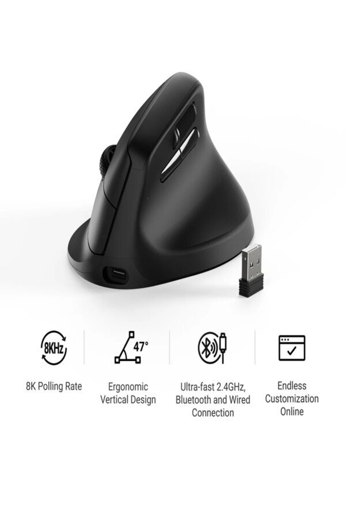 Ergonomiczna pionowa czarna mysz z kluczem USB i funkcjami.