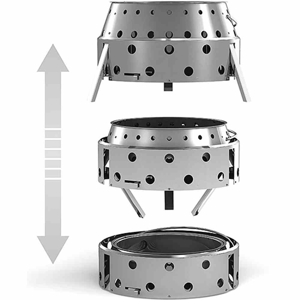 Trzy srebrne metalowe części paleniska z otworami, ułożone pionowo.