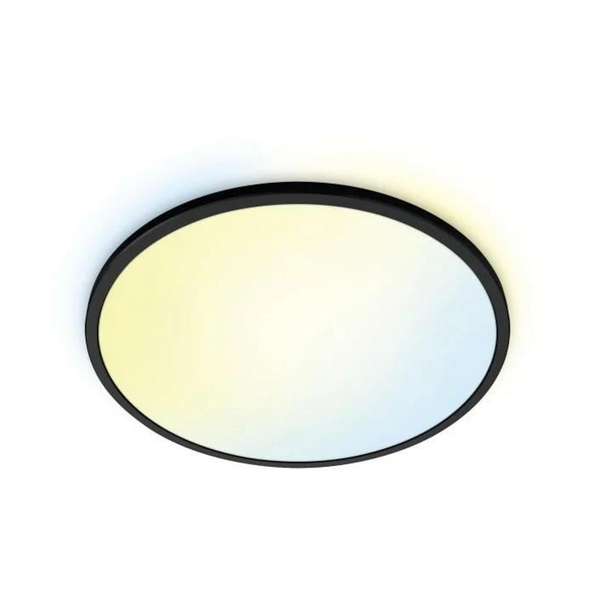 Lampada ovale nera con una luce diffusa, giallastra e bianca.