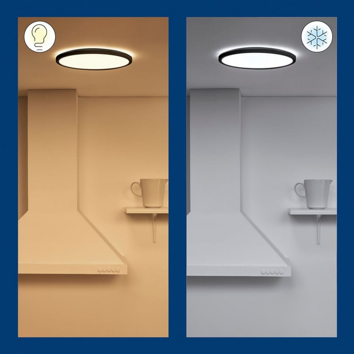 Una cappa aspirante con una tazza, che mostra opzioni di illuminazione calda e fredda.