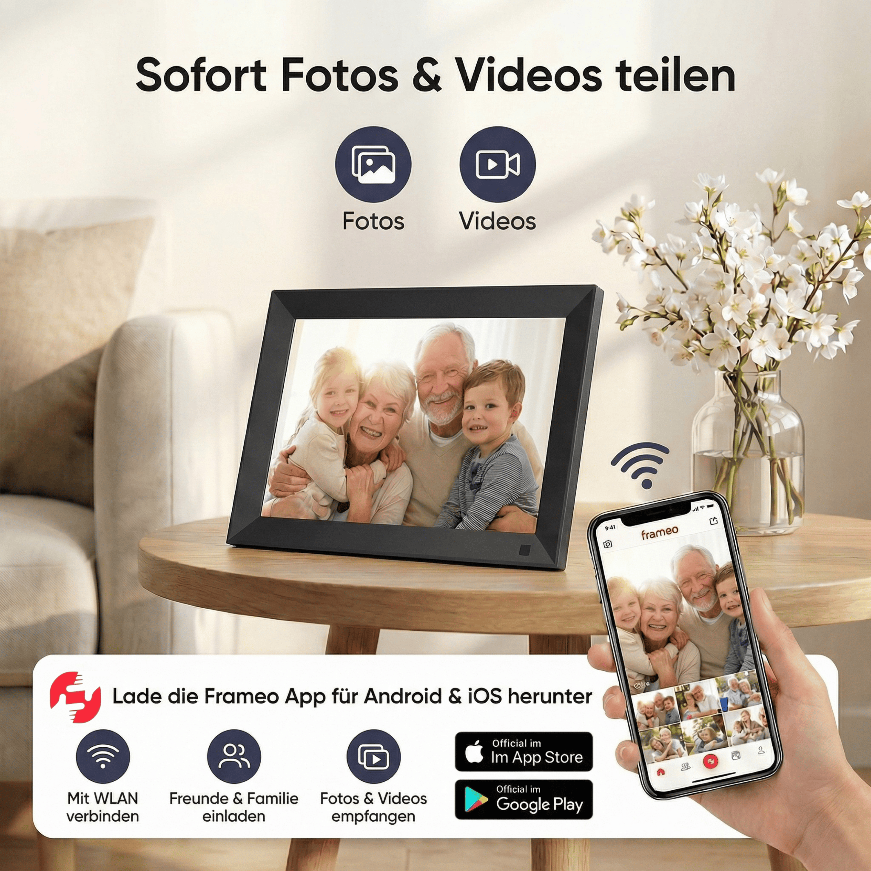 Digitaler Bilderrahmen mit Familie und App-Anzeige auf dem Handy.