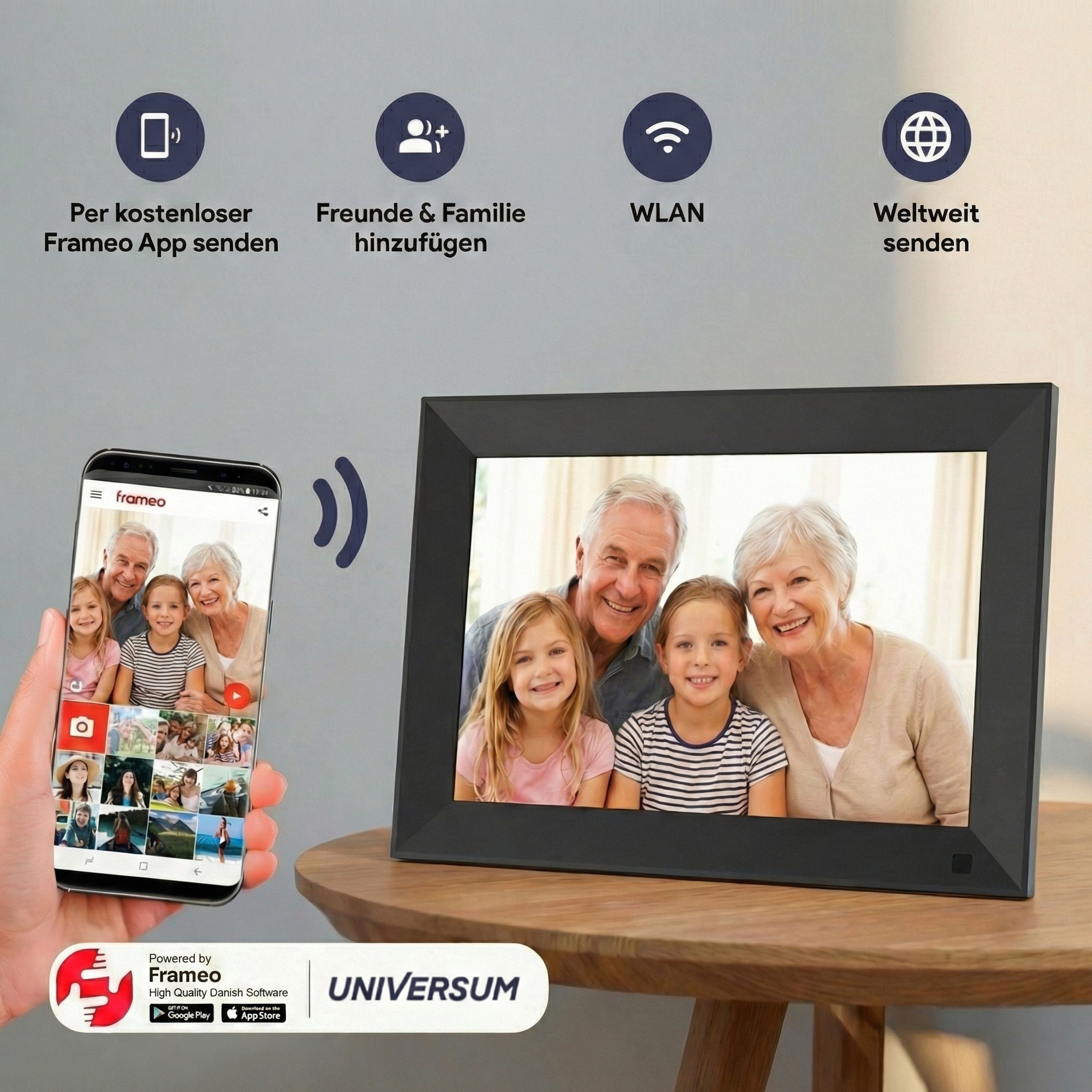 Ein Smartphone zeigt ein Familienfoto. Daneben ein digitaler Bilderrahmen mit demselben Foto.