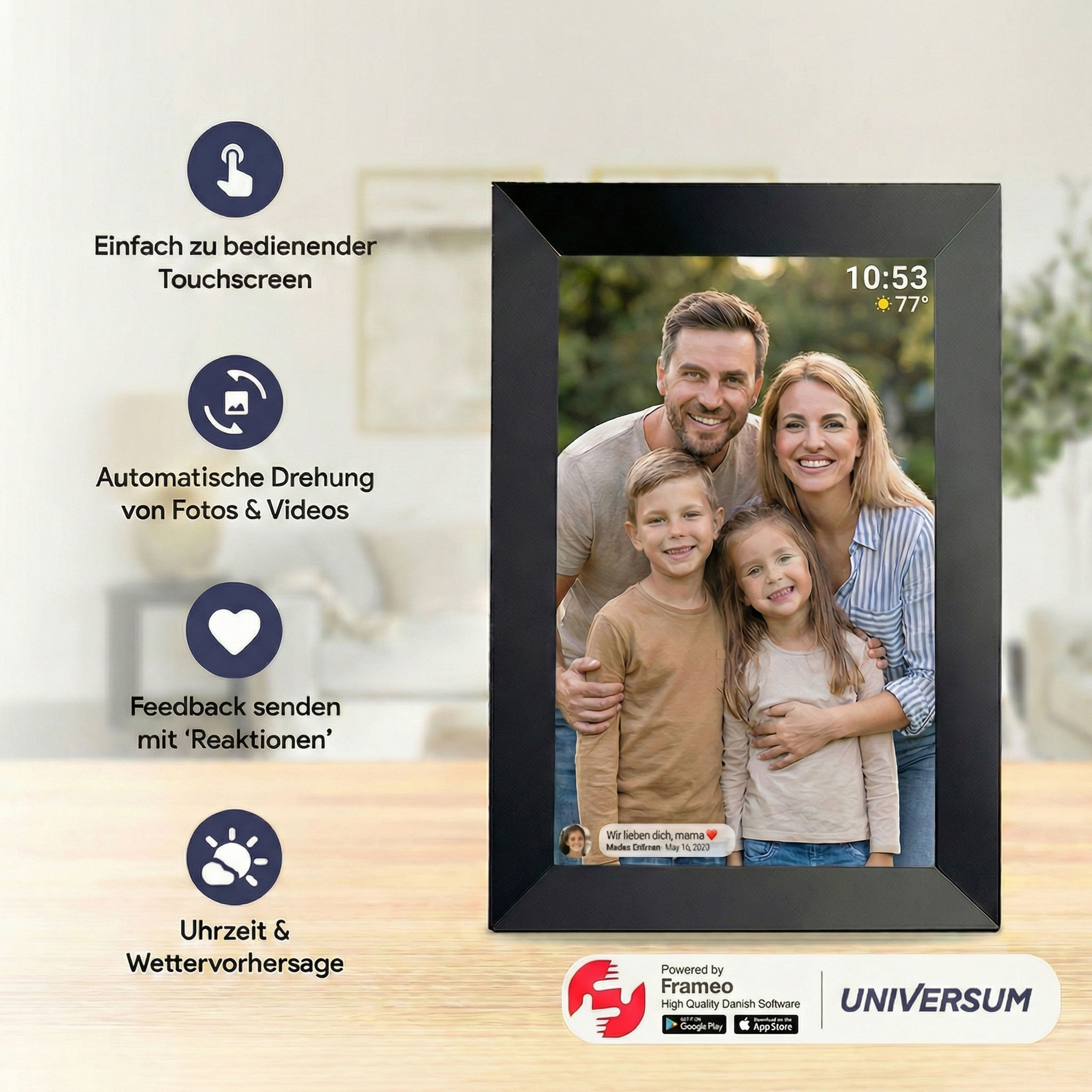 Digitaler Bilderrahmen zeigt Familie, Zeit und Wetter. Links sind Icons für Touch, Drehung, Feedback und Wetter.