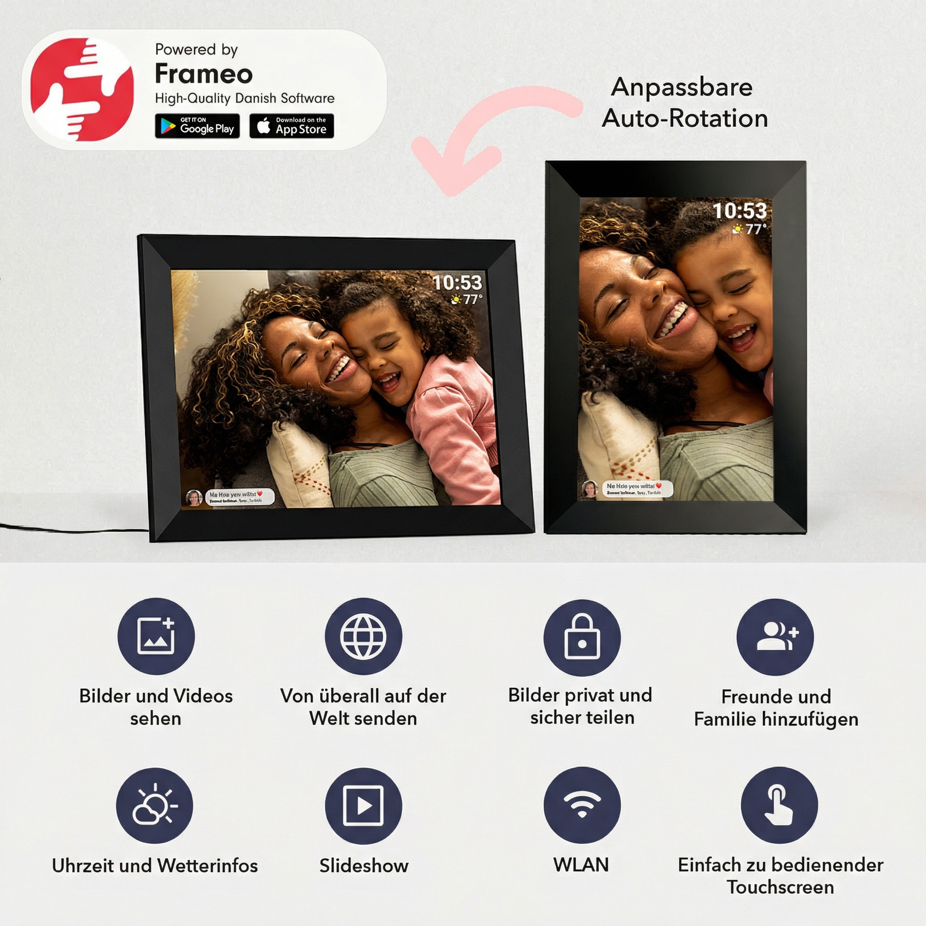 Frameo Digitaler Bilderrahmen mit zwei Fotos von Mutter und Kind, Anpassbare Auto-Rotation.