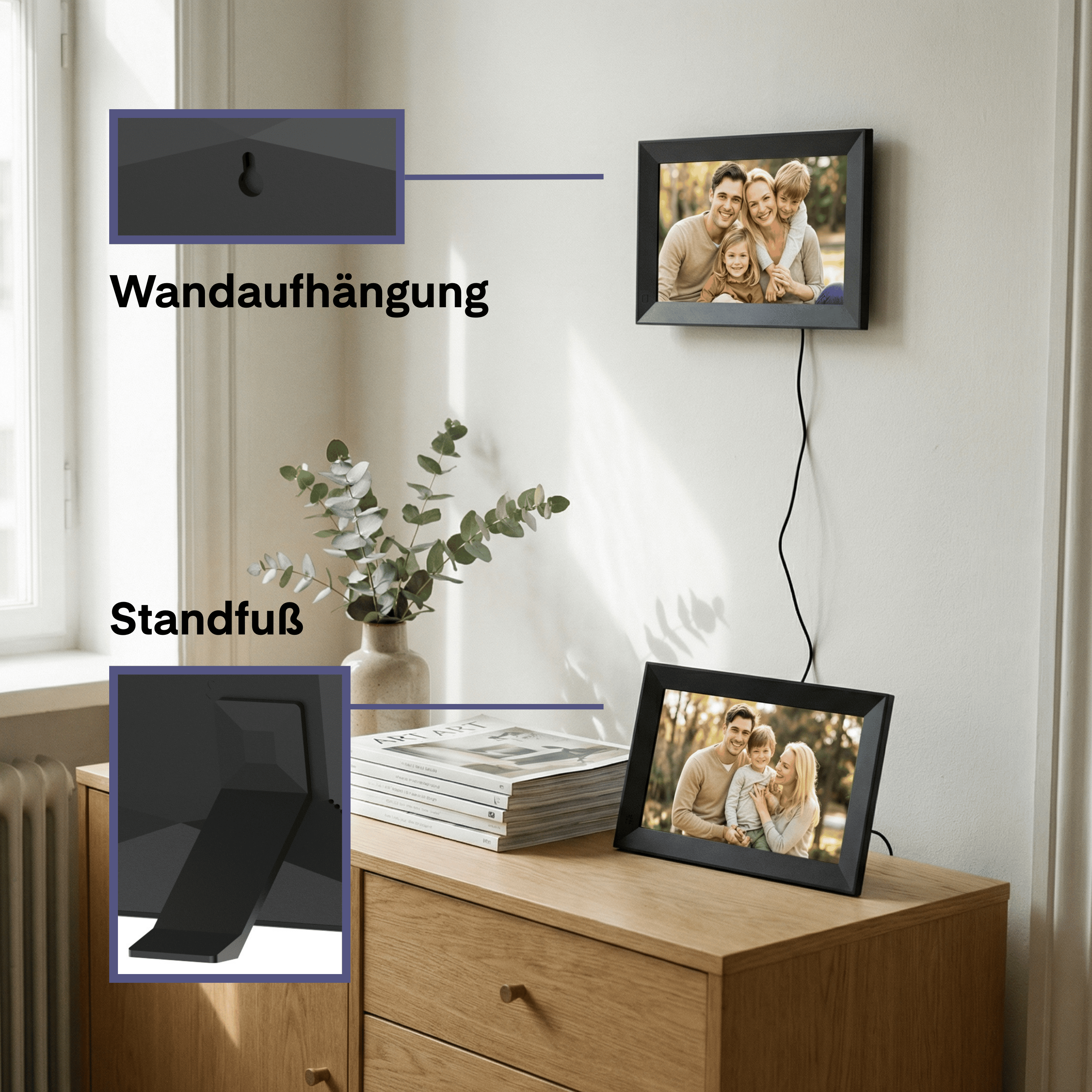 Digitaler Bilderrahmen mit Familie, Wandhalterung und Standfuß.
