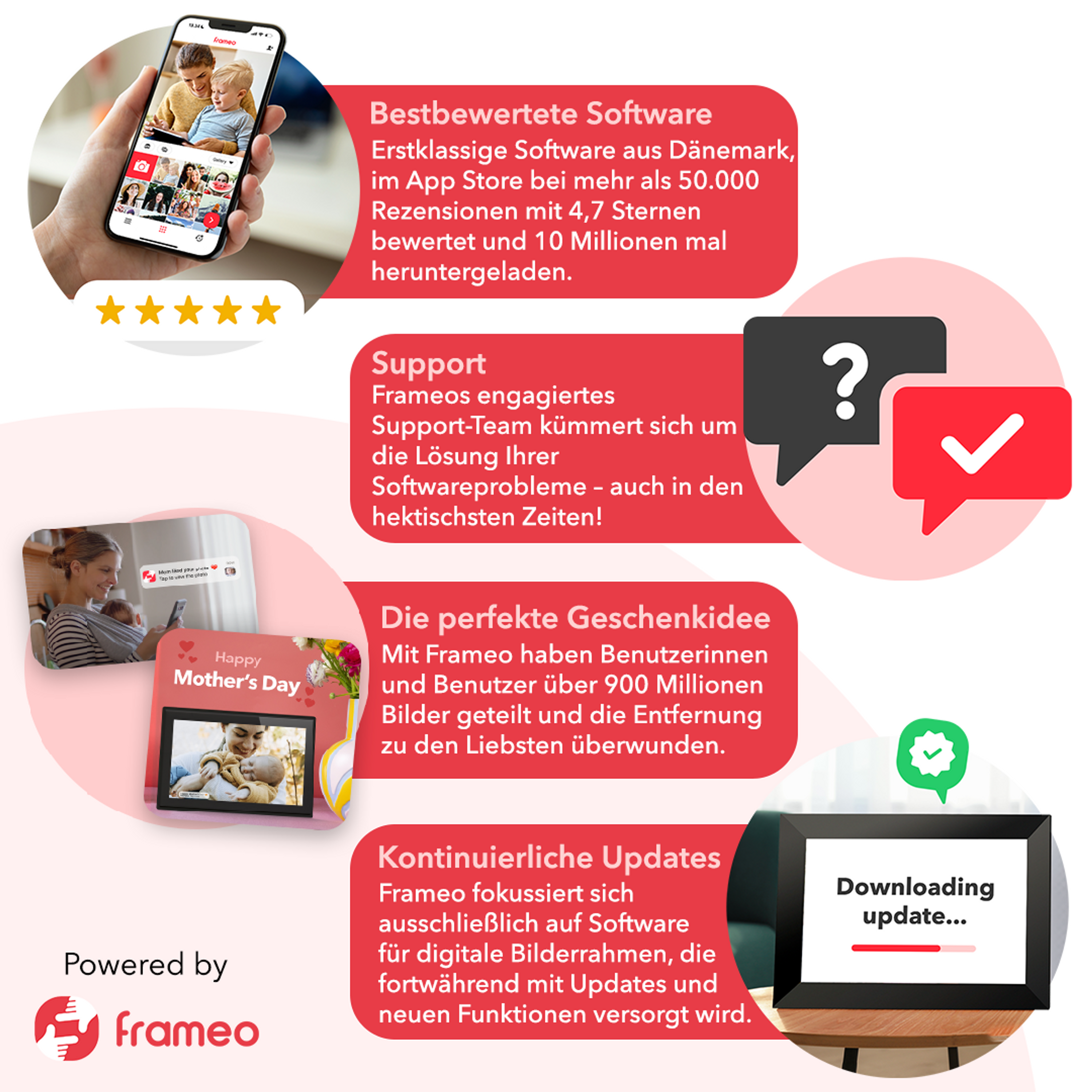 Smartphone zeigt Foto-App mit Mutter und Kind, Sternebewertung und Textfeldern.