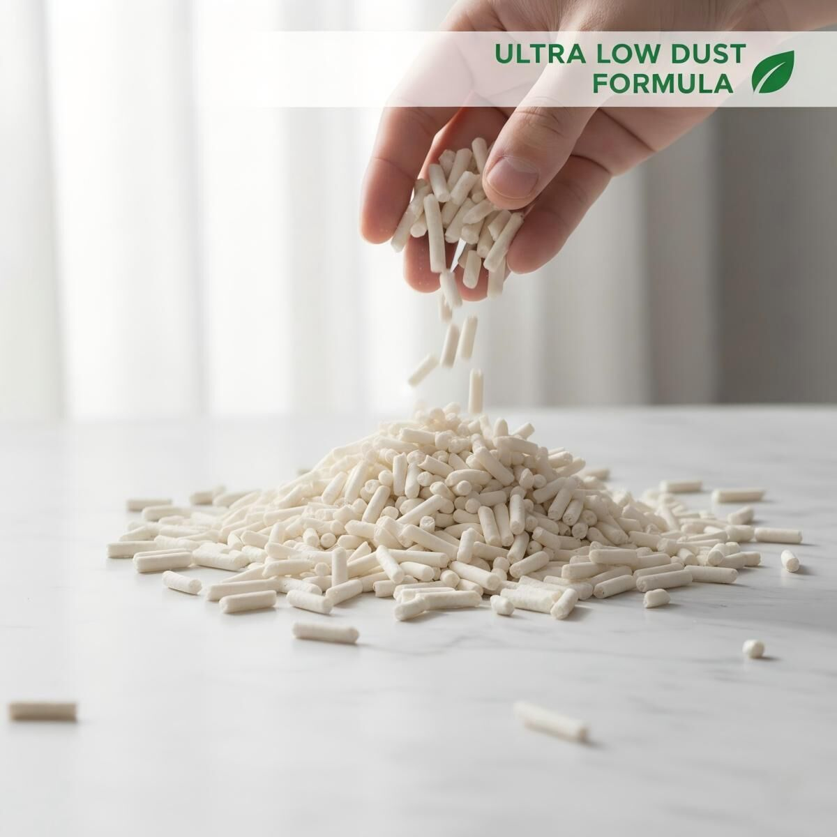 Una mano vierte gránulos blancos, formando una pila en una superficie blanca. Texto: "ULTRA LOW DUST FORMULA".