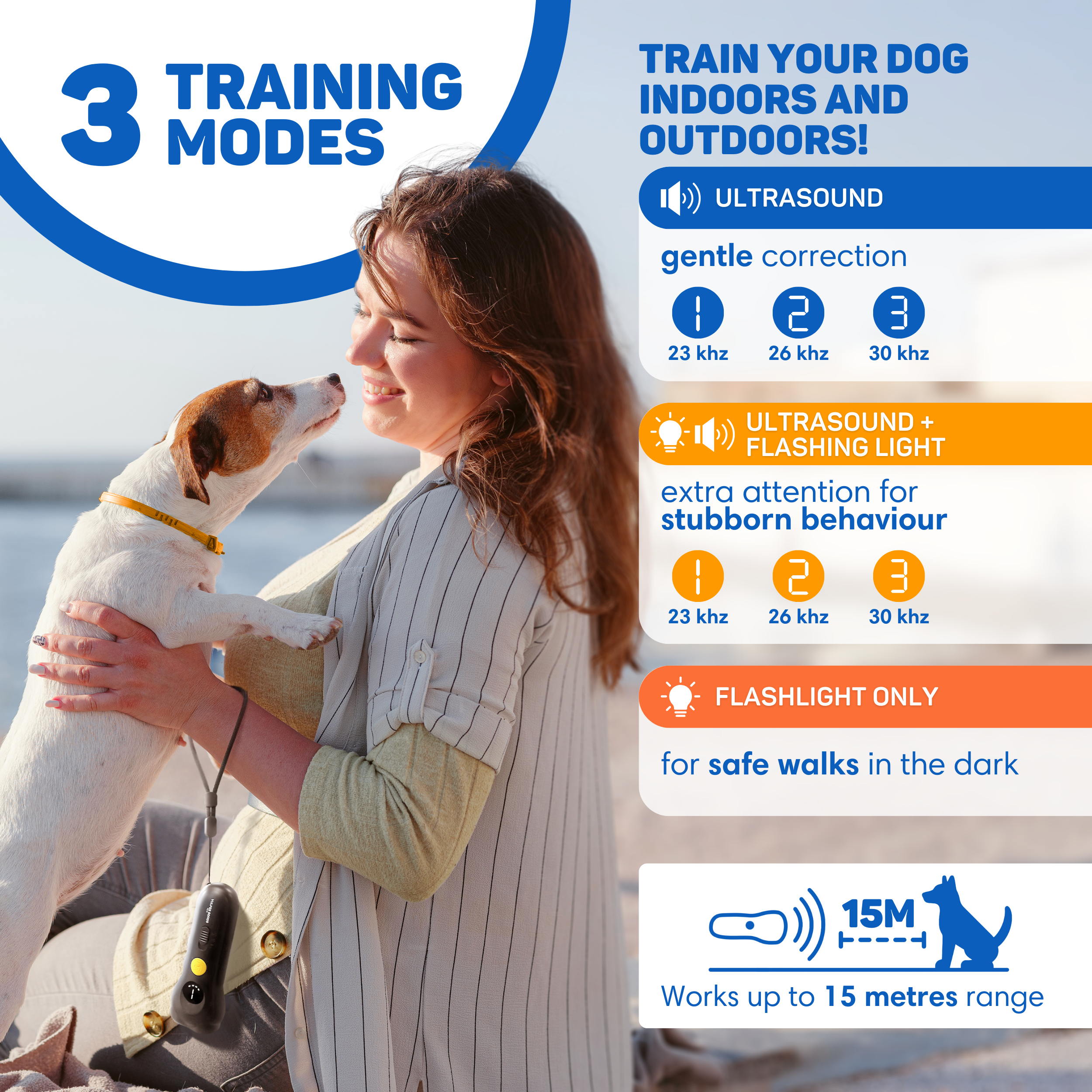 Woman with dog, training modes for dogs, ultrasound, flashing light, flashlight.