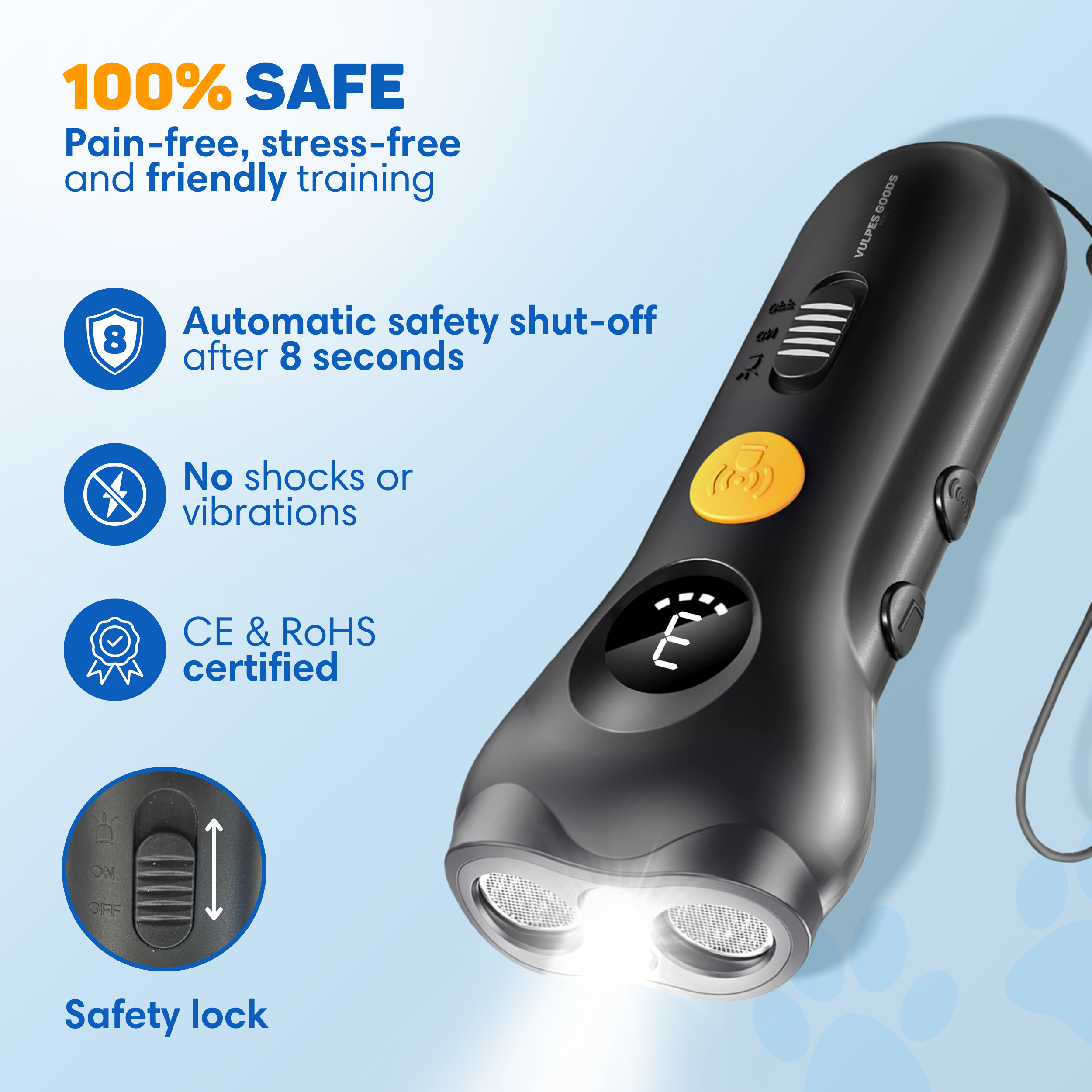 Black pet training device with lights, slider, and buttons.