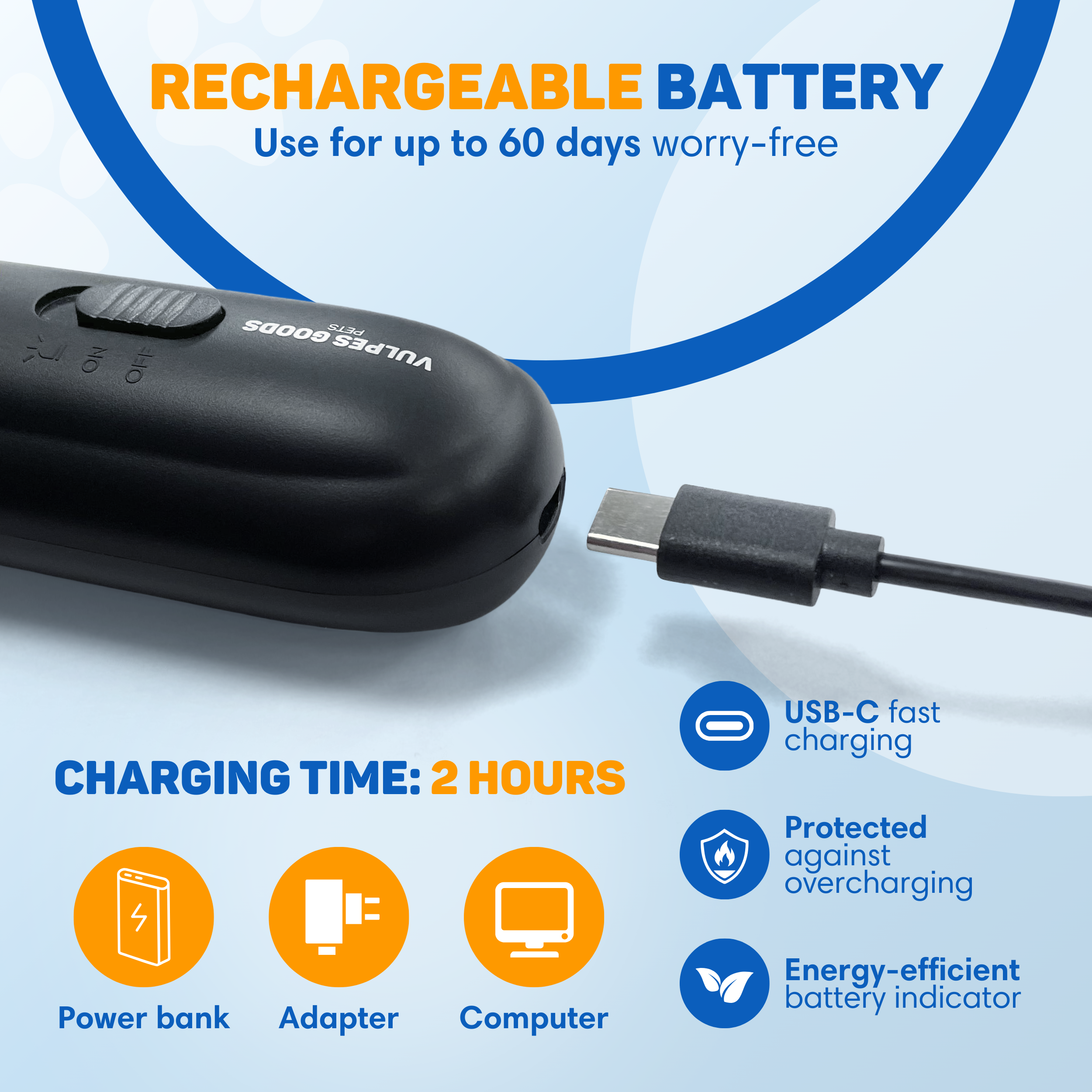 Black rechargeable device with USB-C cable. Charges in 2 hours. Multiple charging options.