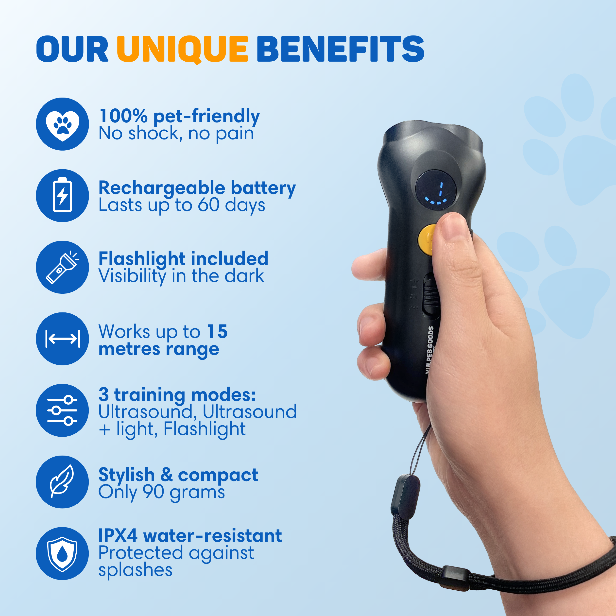 Hand holding a black dog training device with features listed.