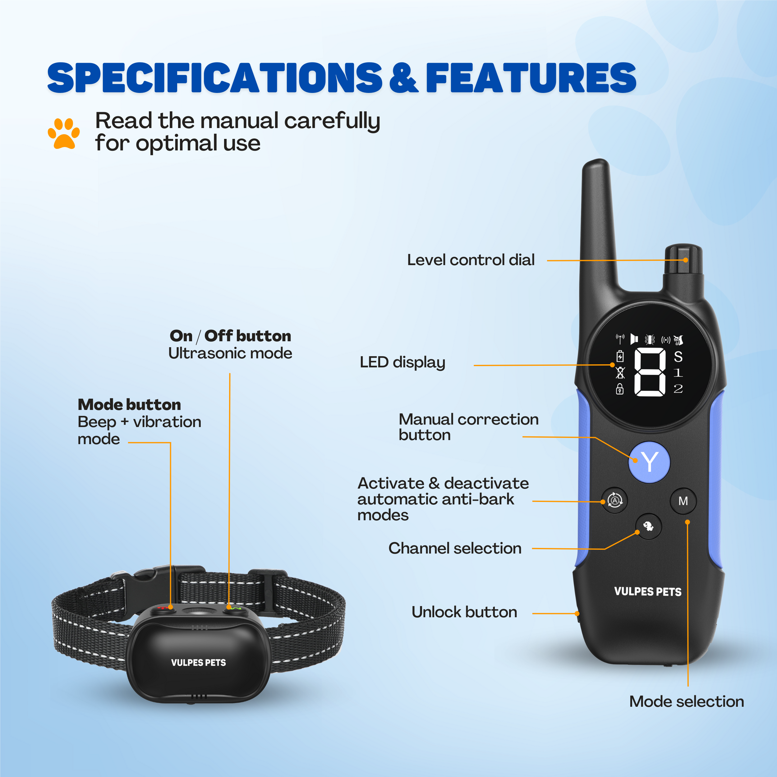 A dog collar and remote control device with labels for features.