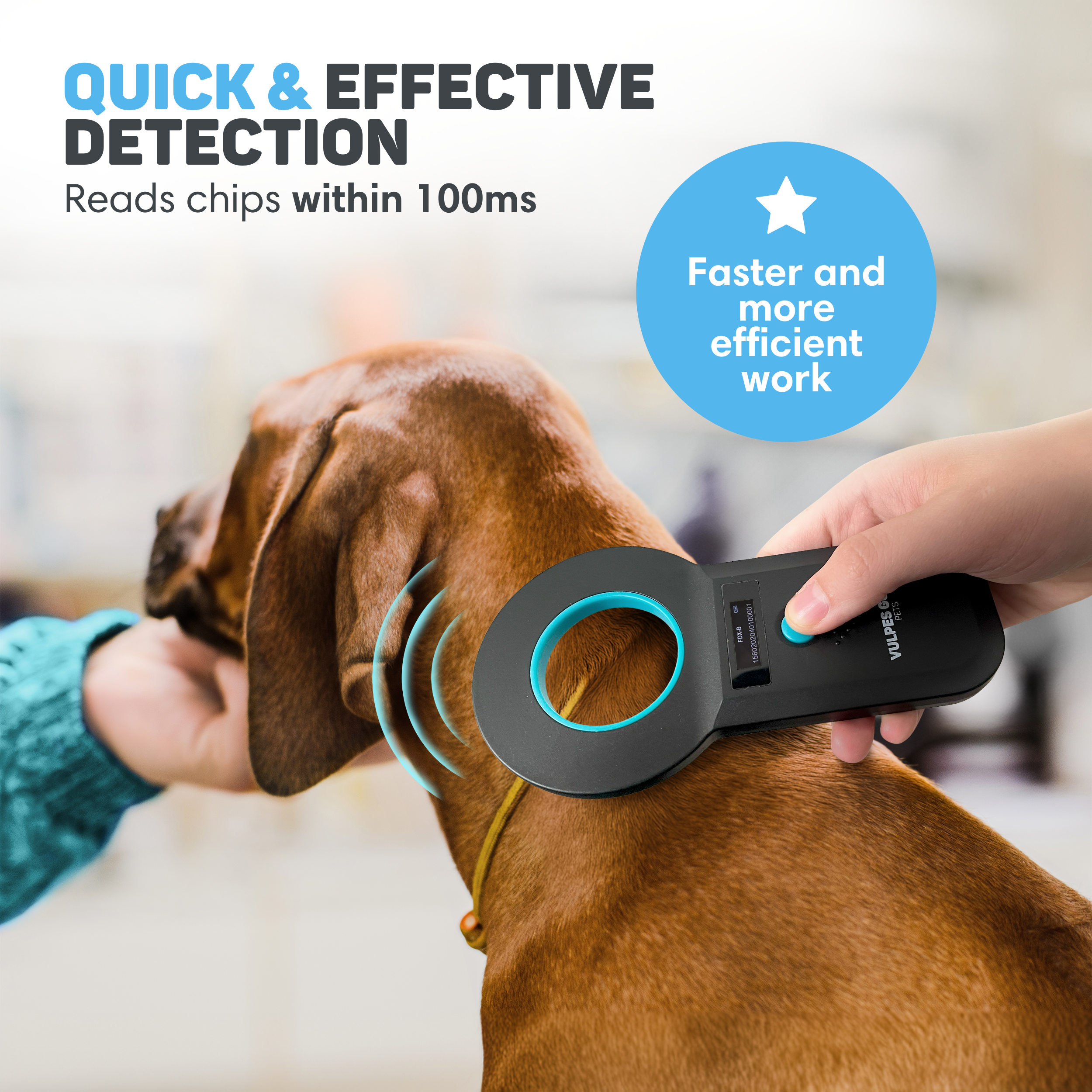 A hand scans a brown dog's neck with a handheld chip reader. Quick detection.