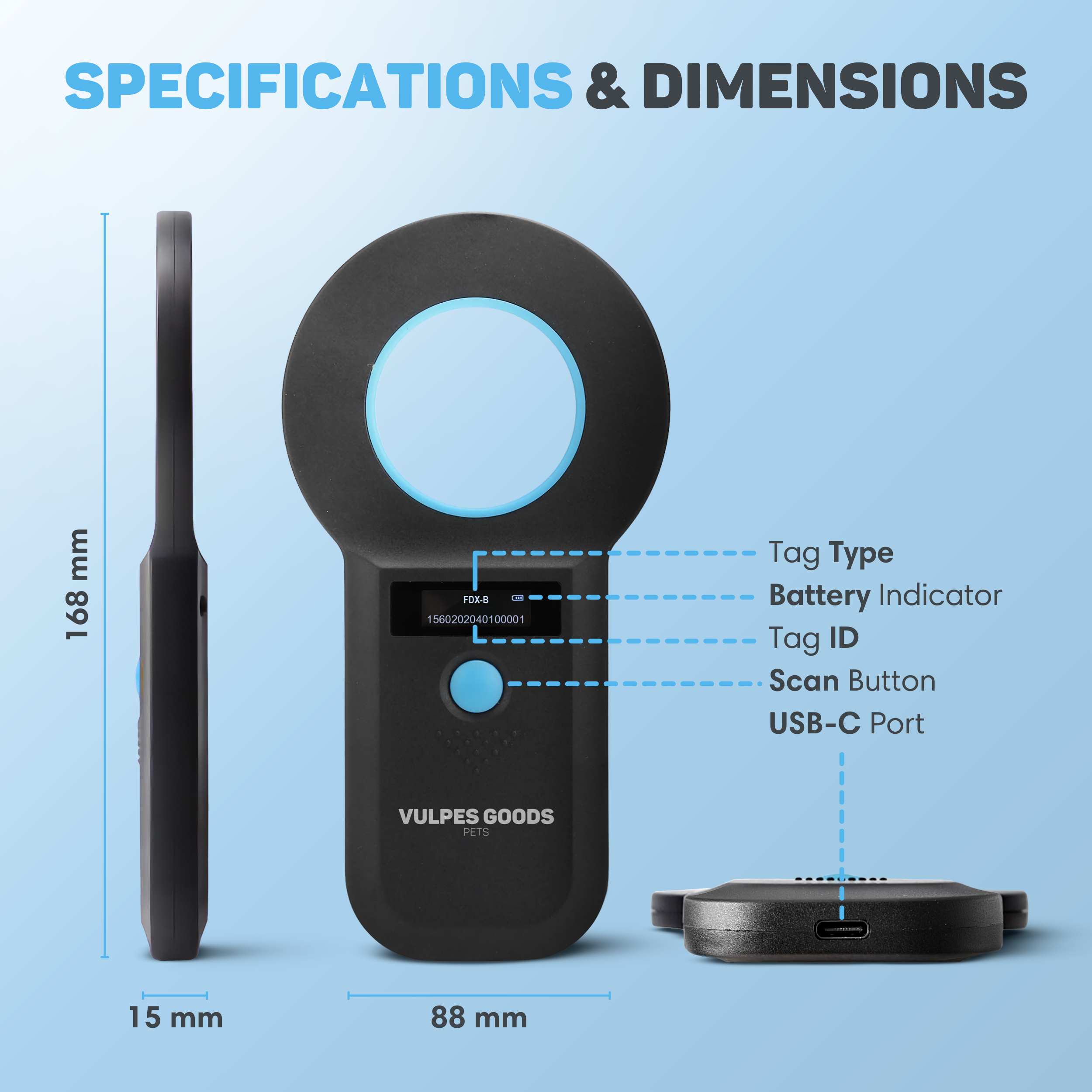 Black scanner with blue accents, dimensions 168x88x15mm. Shows tag type, battery, ID, scan button, USB-C.