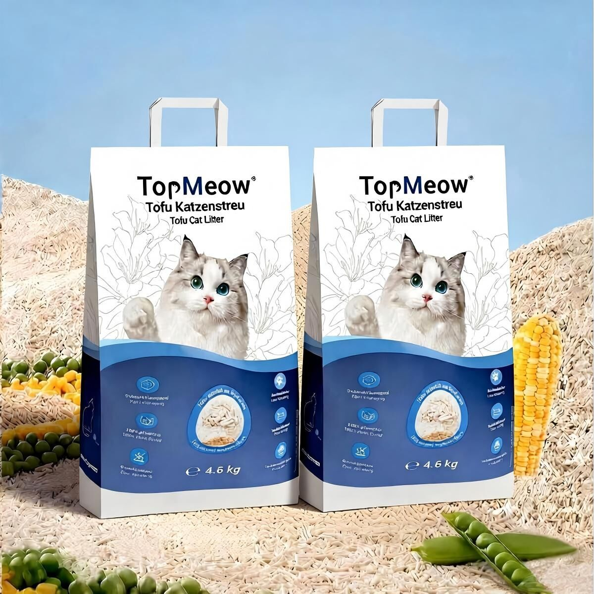 Dos bolsas de arena para gatos con un gato y guisantes, maíz.