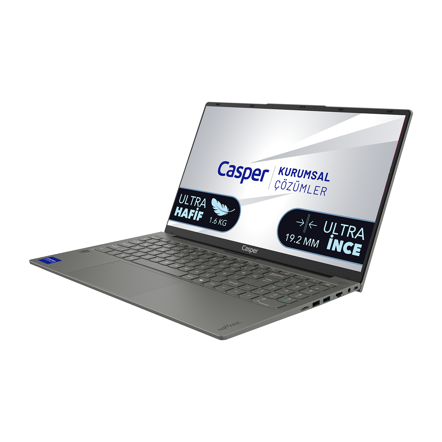 Gri Casper laptop "ULTRA HAFİF 1.6 KG" ve "ULTRA 19.2 MM İNCE" yazılı.