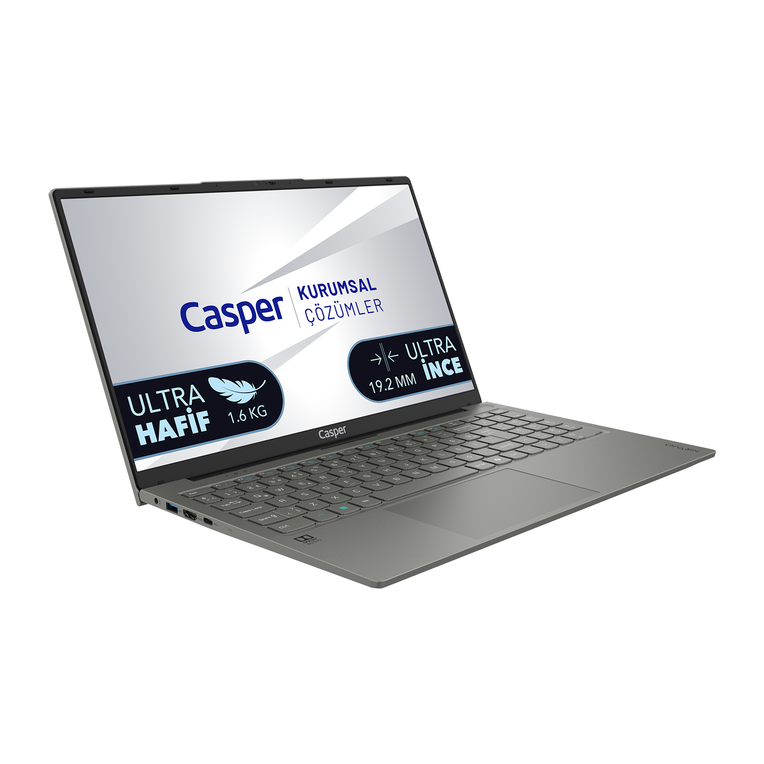 Gri Casper laptop, arkadan aydınlatmalı klavyeli, 1,6 kg, 19,2 mm.
