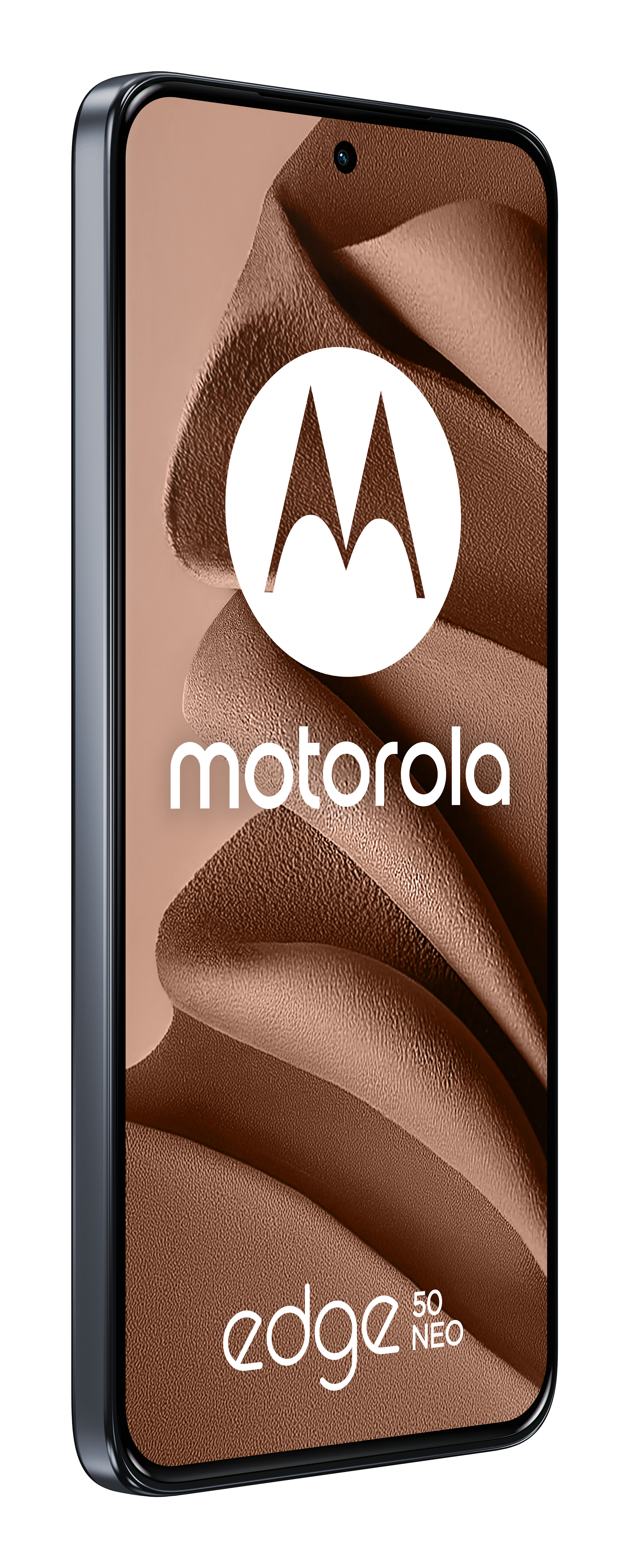 Uno smartphone Motorola Edge 50 Neo con sfondo marrone testurizzato.