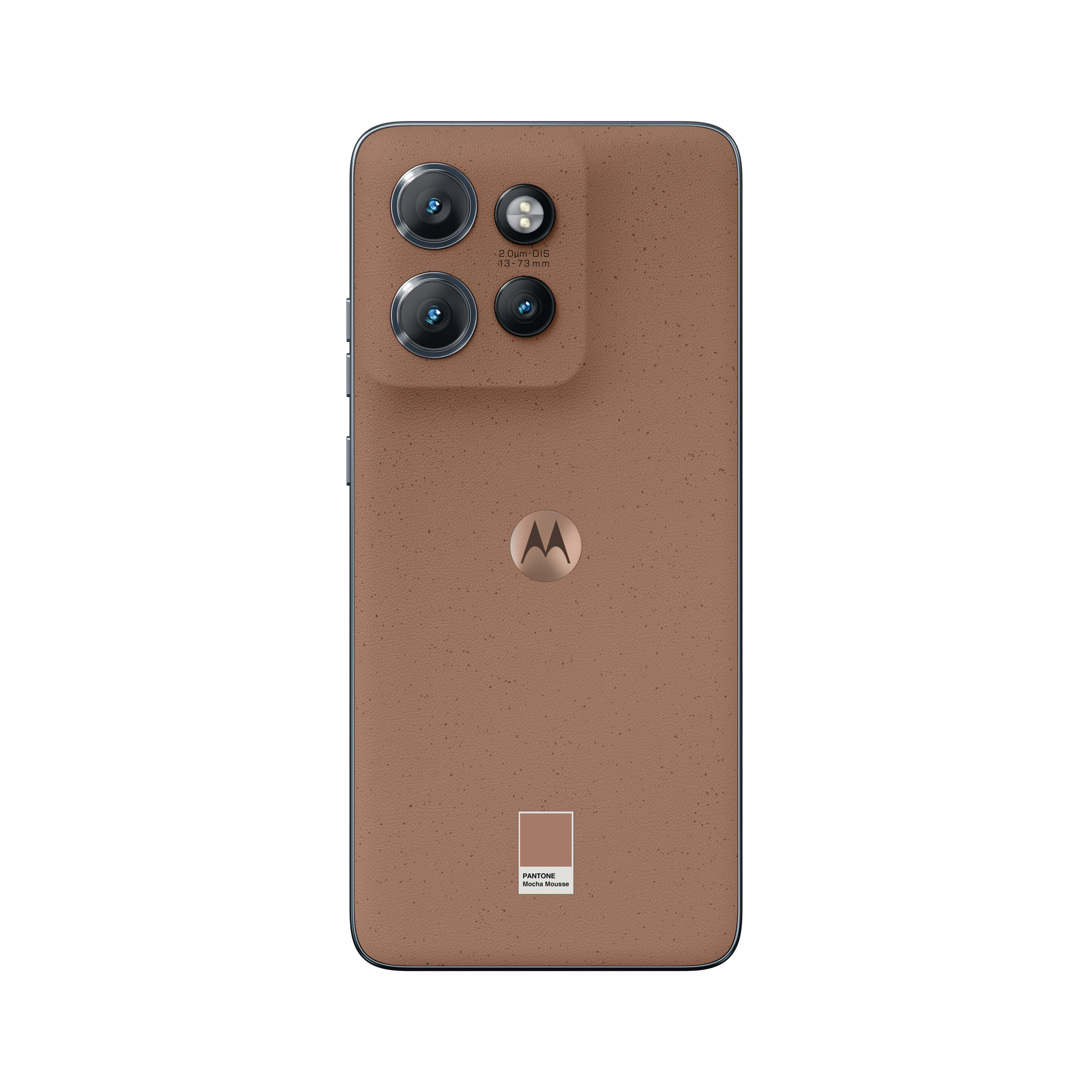 Retro di uno smartphone marrone con tre fotocamere e logo Motorola.