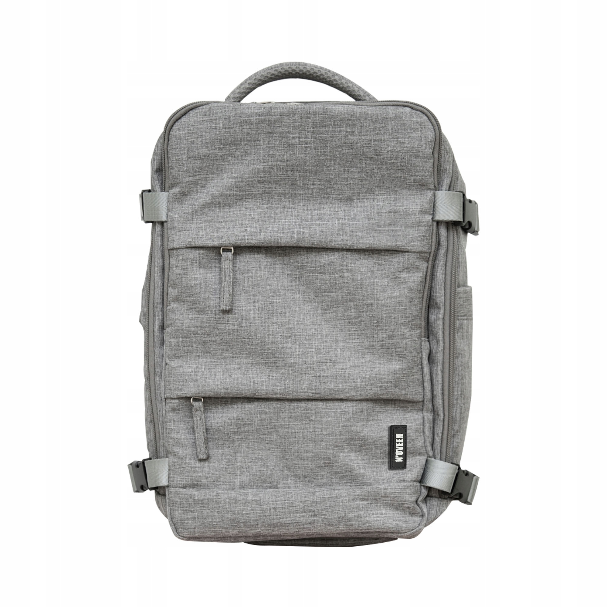 Szary plecak z uchwytem u góry, dwiema przednimi kieszeniami na zamek i klamrami.
